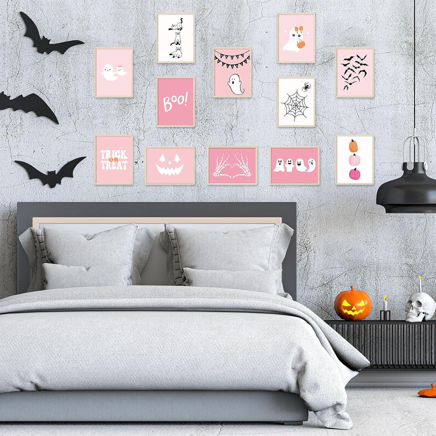 imageWhaline 12Pcs Halloween Wall Art Prints Cute Pink Ghost Pumpkin Boo Art Poster Trick or Treat Aesthetic Wall Decor for Gallery Living Room Bedroom UNFRAMED 11 x 14 InchPink