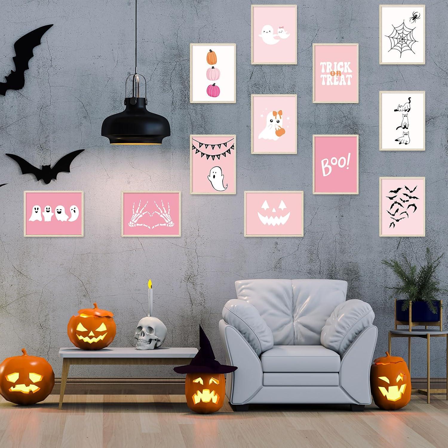 imageWhaline 12Pcs Halloween Wall Art Prints Cute Pink Ghost Pumpkin Boo Art Poster Trick or Treat Aesthetic Wall Decor for Gallery Living Room Bedroom UNFRAMED 11 x 14 InchPink