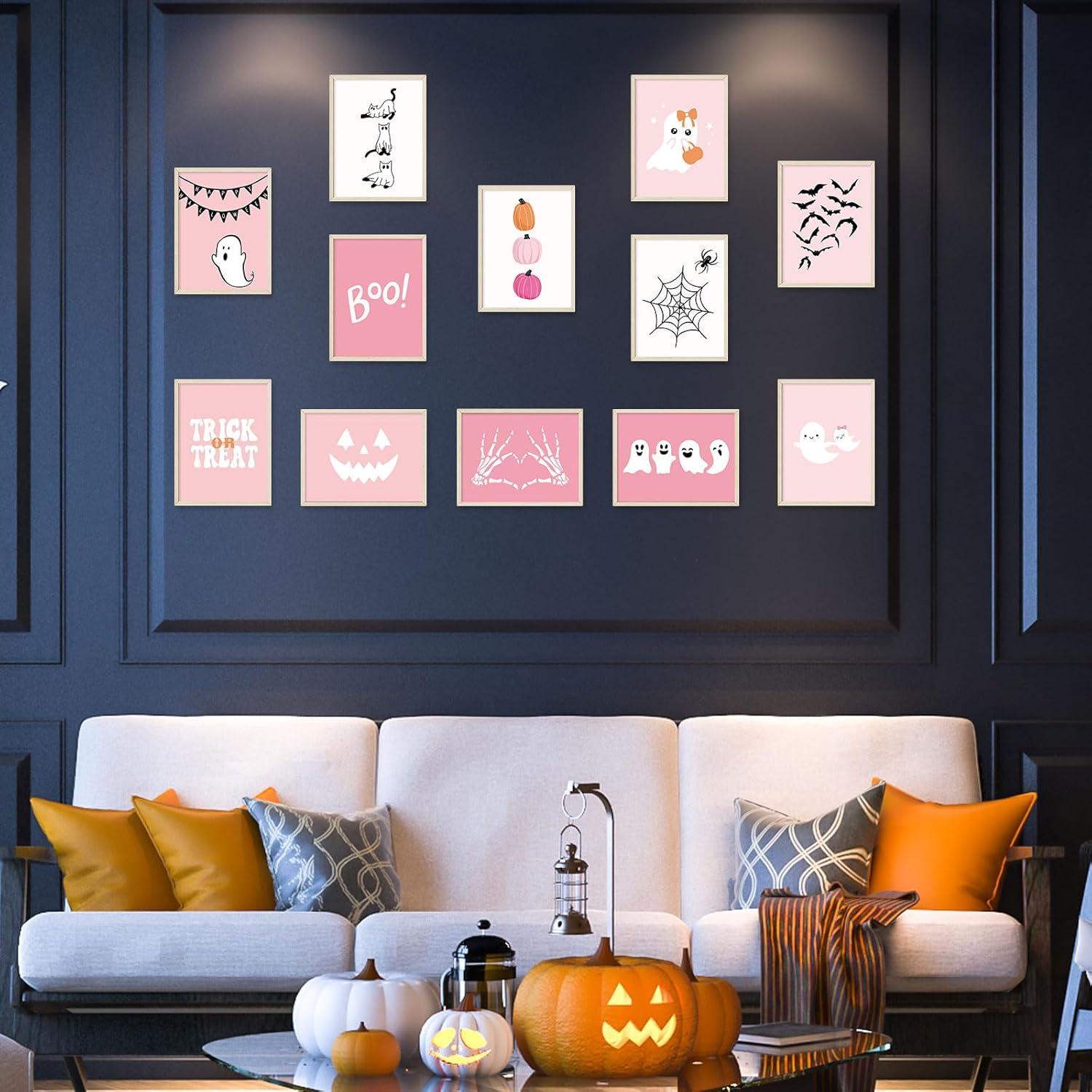 imageWhaline 12Pcs Halloween Wall Art Prints Cute Pink Ghost Pumpkin Boo Art Poster Trick or Treat Aesthetic Wall Decor for Gallery Living Room Bedroom UNFRAMED 11 x 14 InchPink