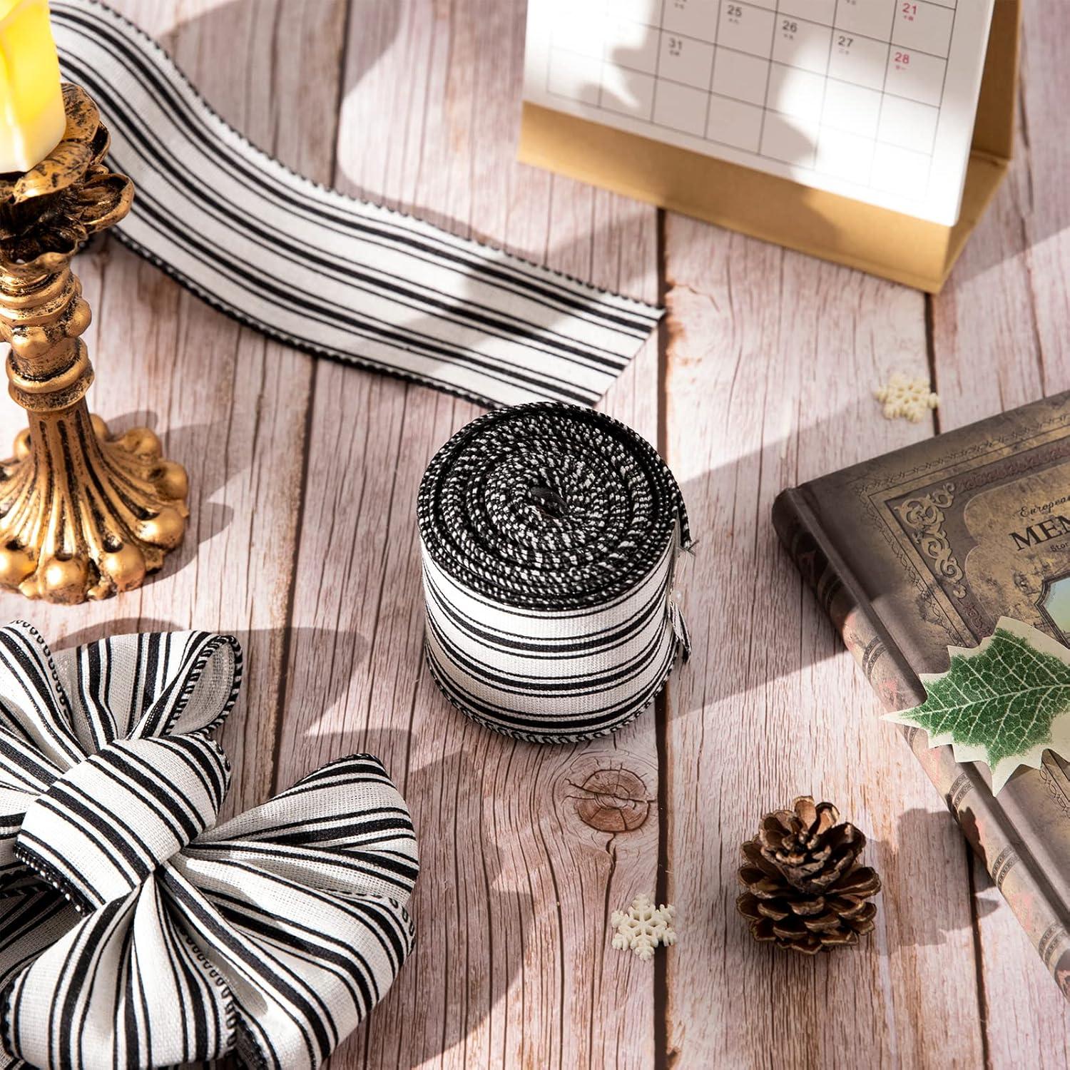imageWhaline 2 Rolls Christmas Black White Wired Edge Ribbon Christmas White Black Striped Fabric Ribbon Farmhouse Craft Ribbon for Christmas DIY Gift Wrapping Wreath Floral Bow Decor25 Inch x 12 YardBlack