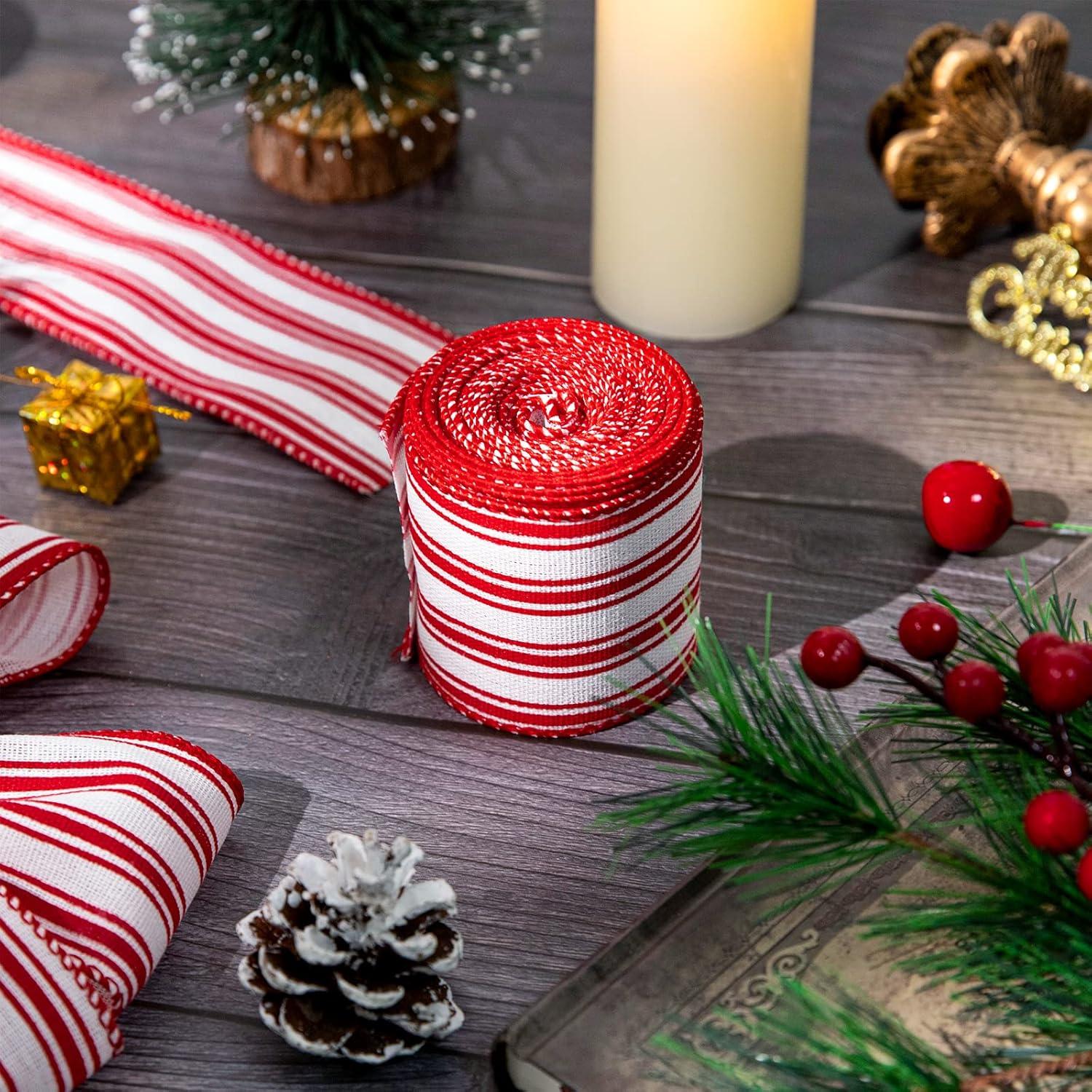 imageWhaline 2 Rolls Christmas Black White Wired Edge Ribbon Christmas White Black Striped Fabric Ribbon Farmhouse Craft Ribbon for Christmas DIY Gift Wrapping Wreath Floral Bow Decor25 Inch x 12 YardRed