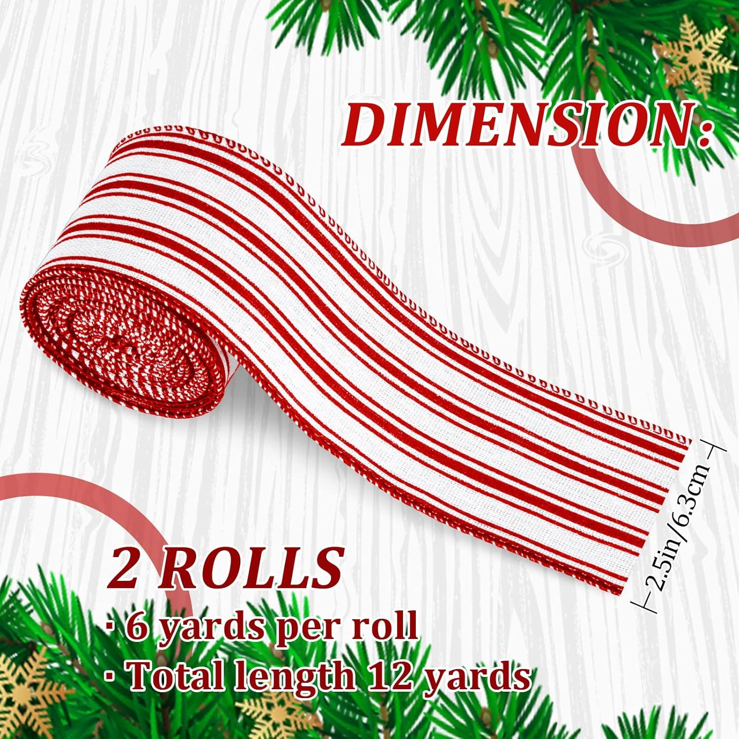 imageWhaline 2 Rolls Christmas Black White Wired Edge Ribbon Christmas White Black Striped Fabric Ribbon Farmhouse Craft Ribbon for Christmas DIY Gift Wrapping Wreath Floral Bow Decor25 Inch x 12 YardRed