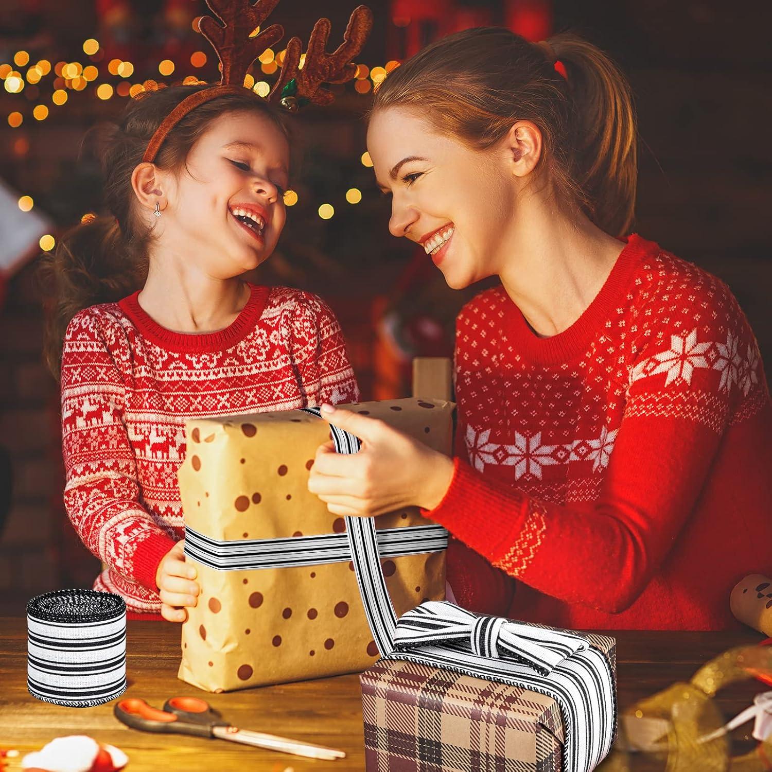 imageWhaline 2 Rolls Christmas Black White Wired Edge Ribbon Christmas White Black Striped Fabric Ribbon Farmhouse Craft Ribbon for Christmas DIY Gift Wrapping Wreath Floral Bow Decor25 Inch x 12 YardBlack