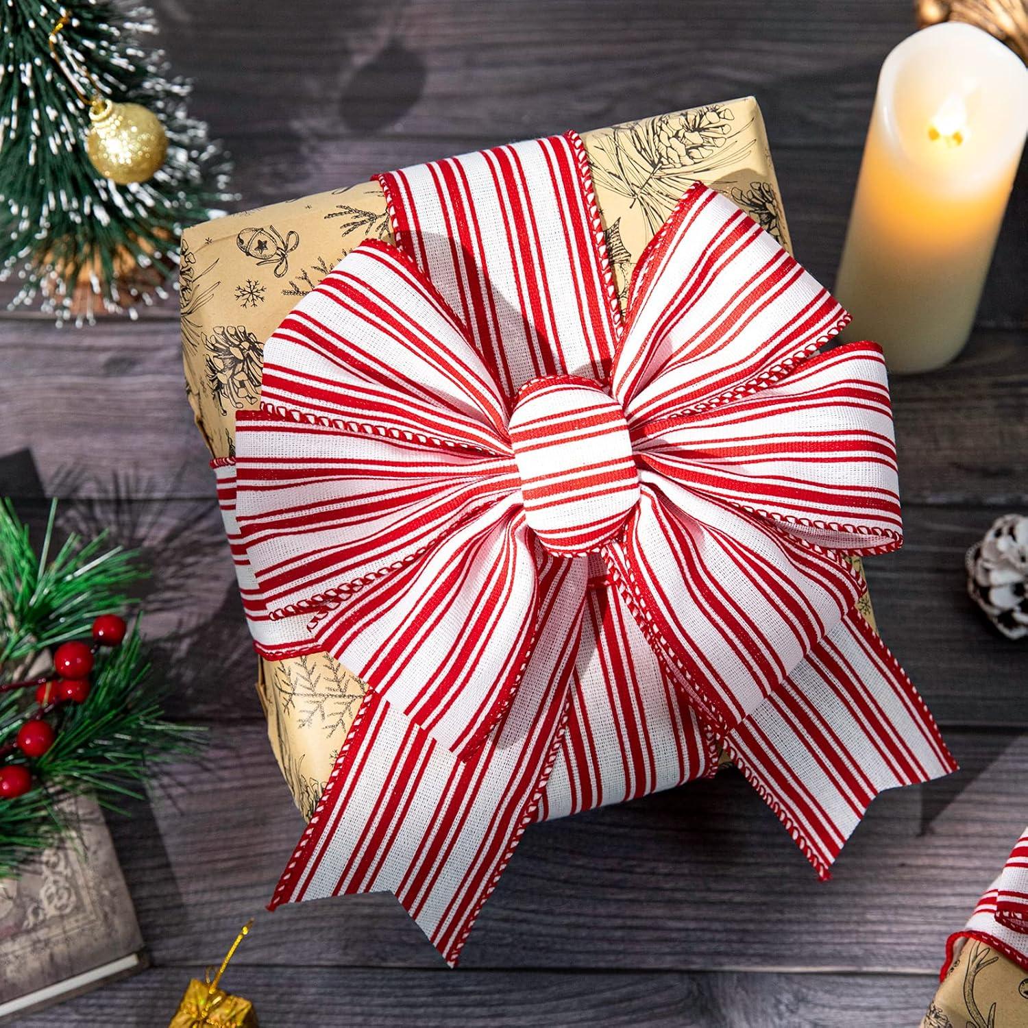 imageWhaline 2 Rolls Christmas Black White Wired Edge Ribbon Christmas White Black Striped Fabric Ribbon Farmhouse Craft Ribbon for Christmas DIY Gift Wrapping Wreath Floral Bow Decor25 Inch x 12 YardRed