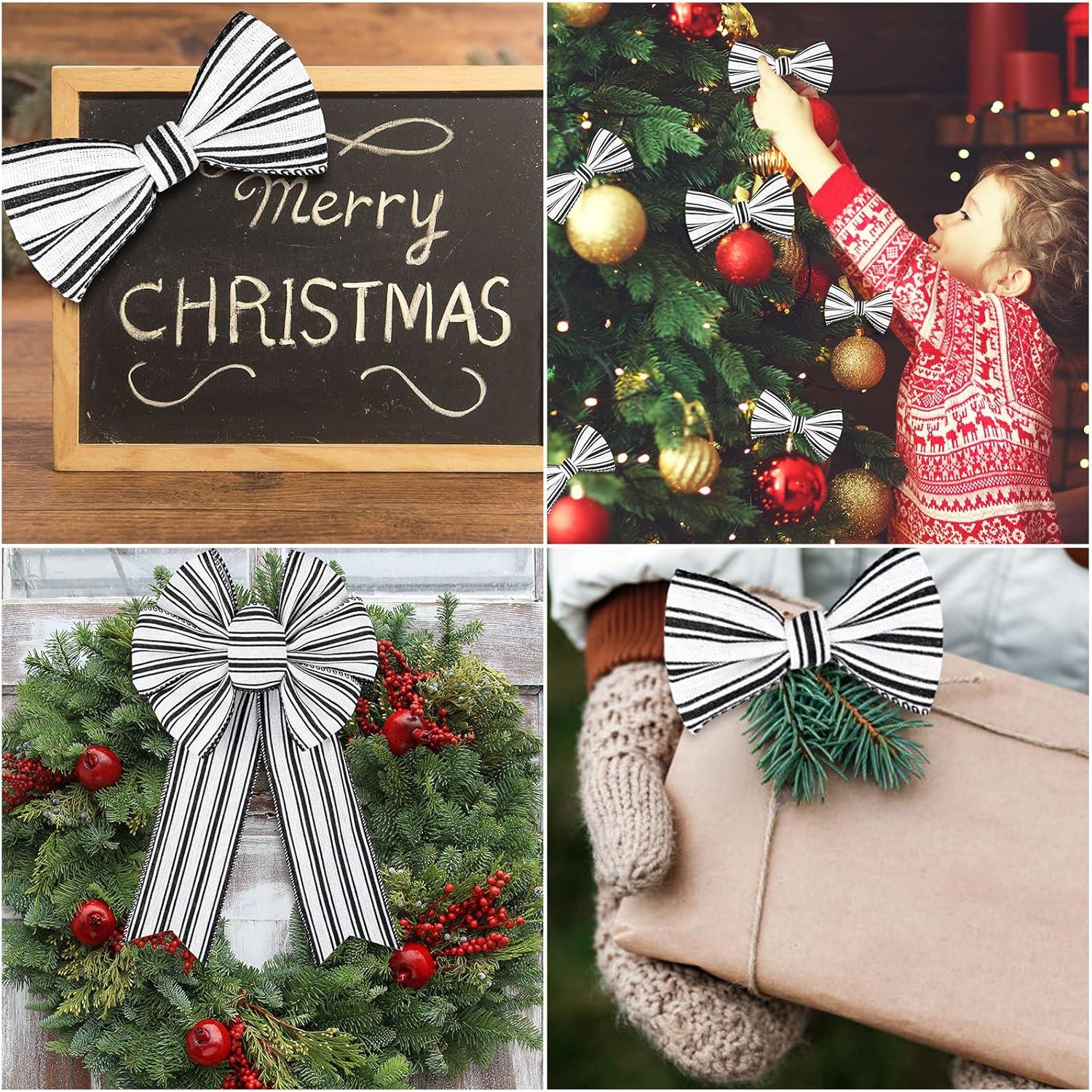 imageWhaline 2 Rolls Christmas Black White Wired Edge Ribbon Christmas White Black Striped Fabric Ribbon Farmhouse Craft Ribbon for Christmas DIY Gift Wrapping Wreath Floral Bow Decor25 Inch x 12 YardBlack