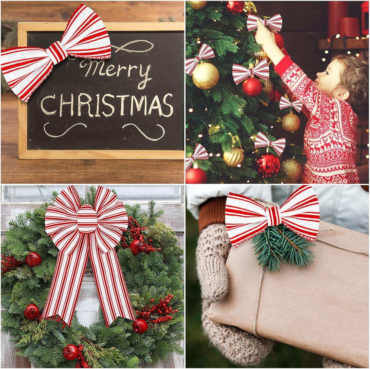 imageWhaline 2 Rolls Christmas Black White Wired Edge Ribbon Christmas White Black Striped Fabric Ribbon Farmhouse Craft Ribbon for Christmas DIY Gift Wrapping Wreath Floral Bow Decor25 Inch x 12 YardRed