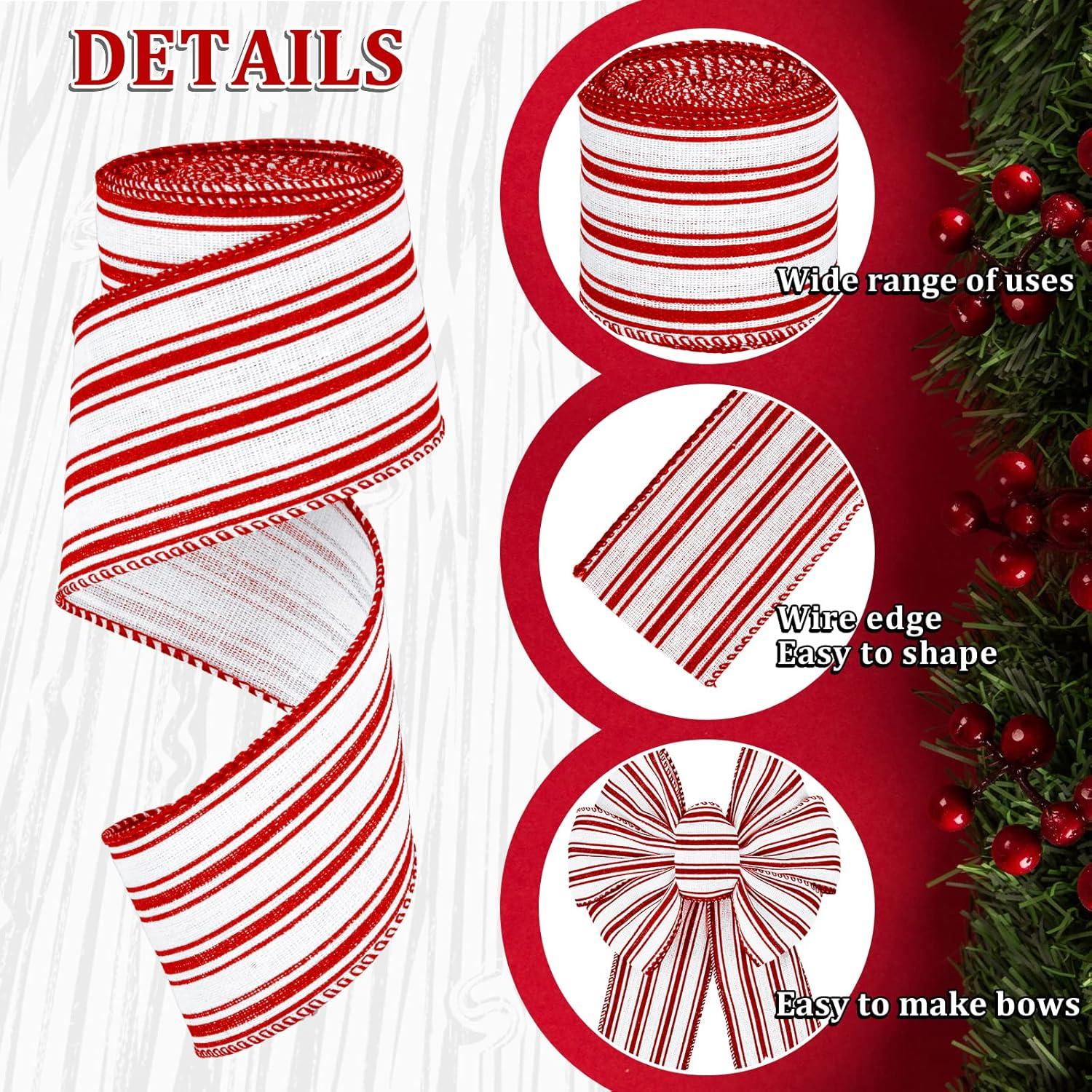 imageWhaline 2 Rolls Christmas Black White Wired Edge Ribbon Christmas White Black Striped Fabric Ribbon Farmhouse Craft Ribbon for Christmas DIY Gift Wrapping Wreath Floral Bow Decor25 Inch x 12 YardRed