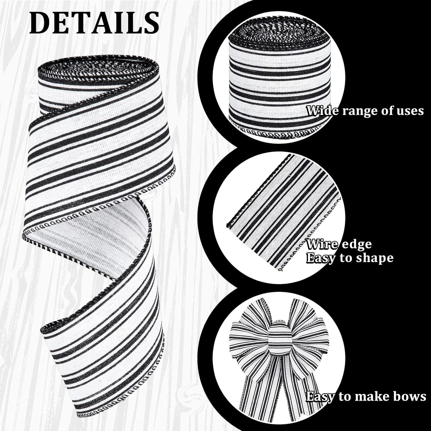 imageWhaline 2 Rolls Christmas Black White Wired Edge Ribbon Christmas White Black Striped Fabric Ribbon Farmhouse Craft Ribbon for Christmas DIY Gift Wrapping Wreath Floral Bow Decor25 Inch x 12 YardBlack