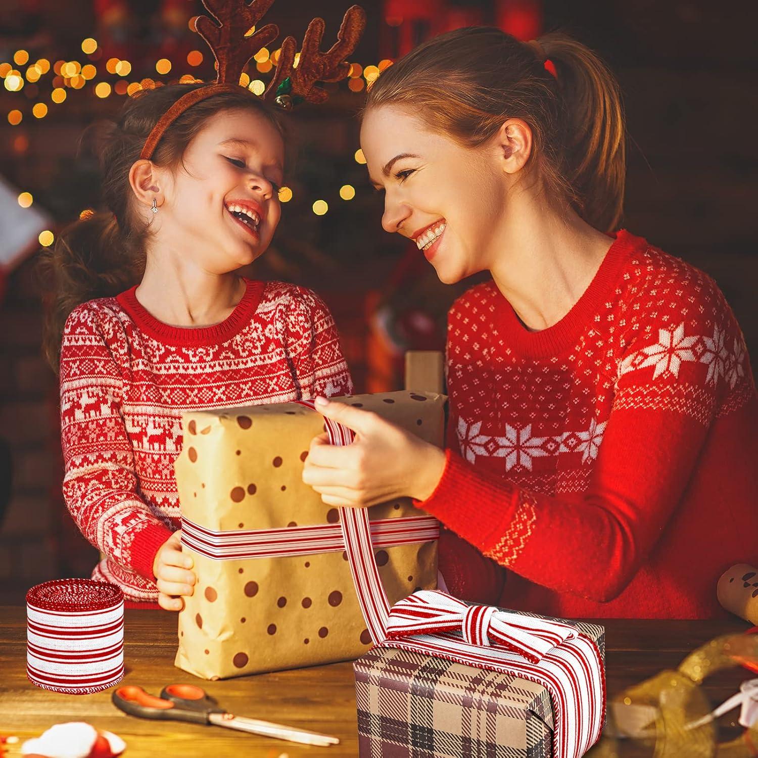 imageWhaline 2 Rolls Christmas Black White Wired Edge Ribbon Christmas White Black Striped Fabric Ribbon Farmhouse Craft Ribbon for Christmas DIY Gift Wrapping Wreath Floral Bow Decor25 Inch x 12 YardRed