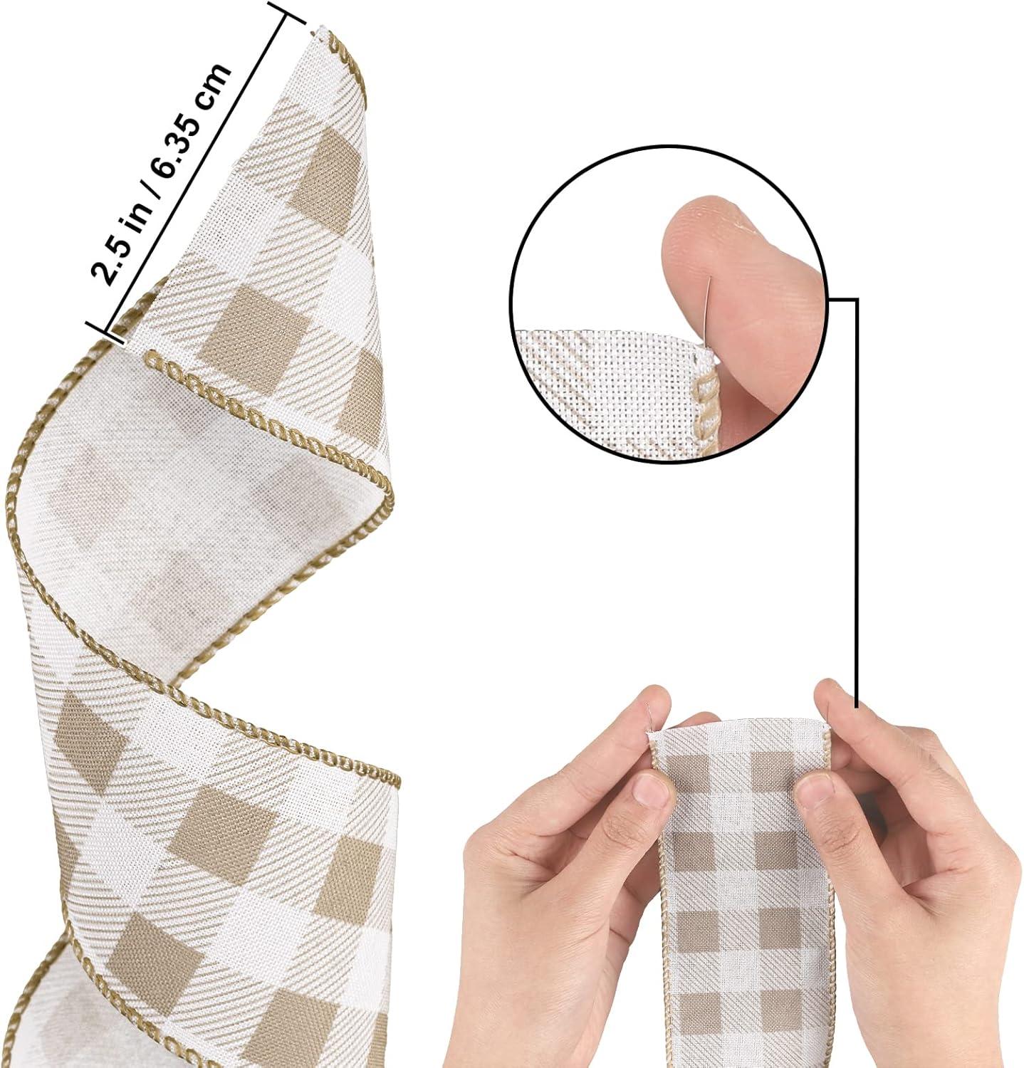 imageWhaline 2 Rolls Wired Edge Plaid Ribbon Christmas Buffalo Check Ribbon White Black Plaid Ribbon 25quot Wide Farmhouse Craft Ribbon for DIY Gift Wrapping Wreath Xmas Tree Bow Decoration 10 YardLight Brown and White