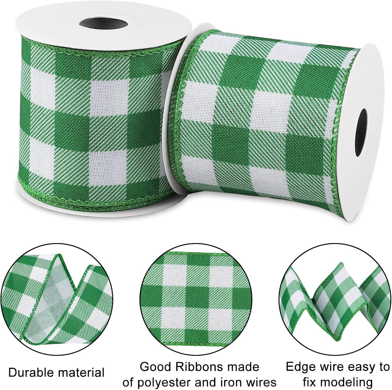 imageWhaline 2 Rolls Wired Edge Plaid Ribbon Christmas Buffalo Check Ribbon White Black Plaid Ribbon 25quot Wide Farmhouse Craft Ribbon for DIY Gift Wrapping Wreath Xmas Tree Bow Decoration 10 YardGreen and White