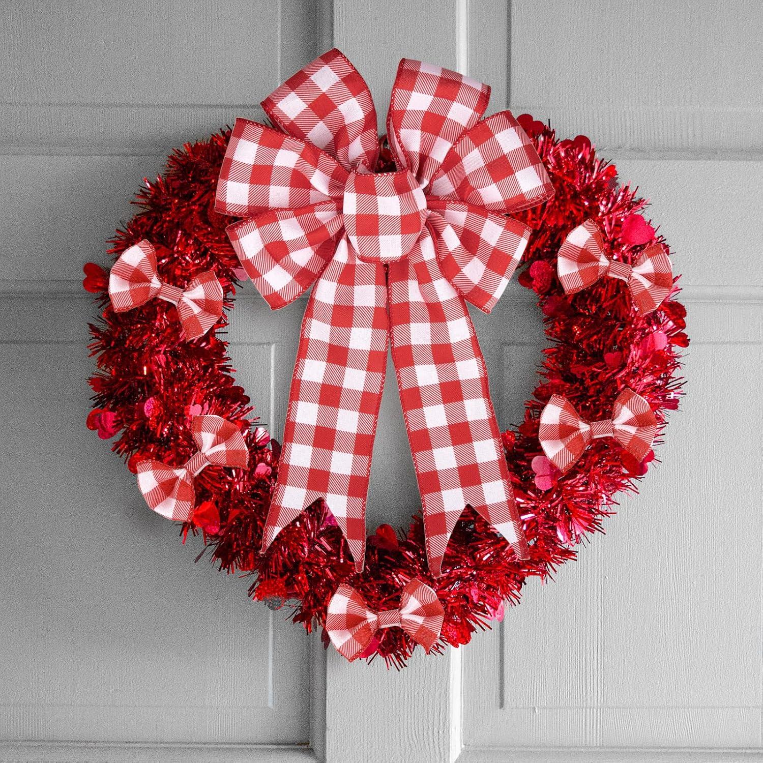 imageWhaline 2 Rolls Wired Edge Plaid Ribbon Christmas Buffalo Check Ribbon White Black Plaid Ribbon 25quot Wide Farmhouse Craft Ribbon for DIY Gift Wrapping Wreath Xmas Tree Bow Decoration 10 YardRed and White