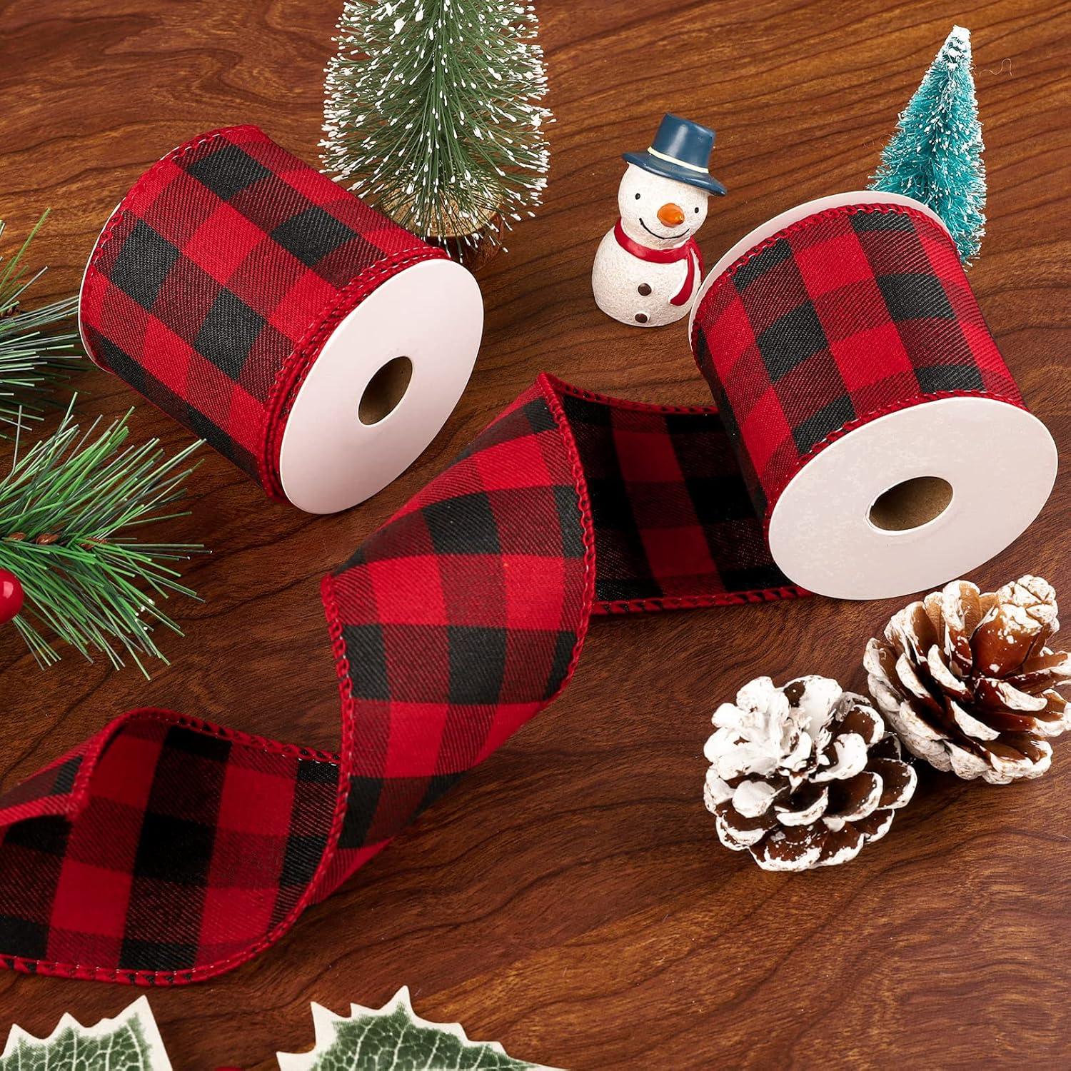 imageWhaline 2 Rolls Wired Edge Plaid Ribbon Christmas Buffalo Check Ribbon White Black Plaid Ribbon 25quot Wide Farmhouse Craft Ribbon for DIY Gift Wrapping Wreath Xmas Tree Bow Decoration 10 YardRed and Black
