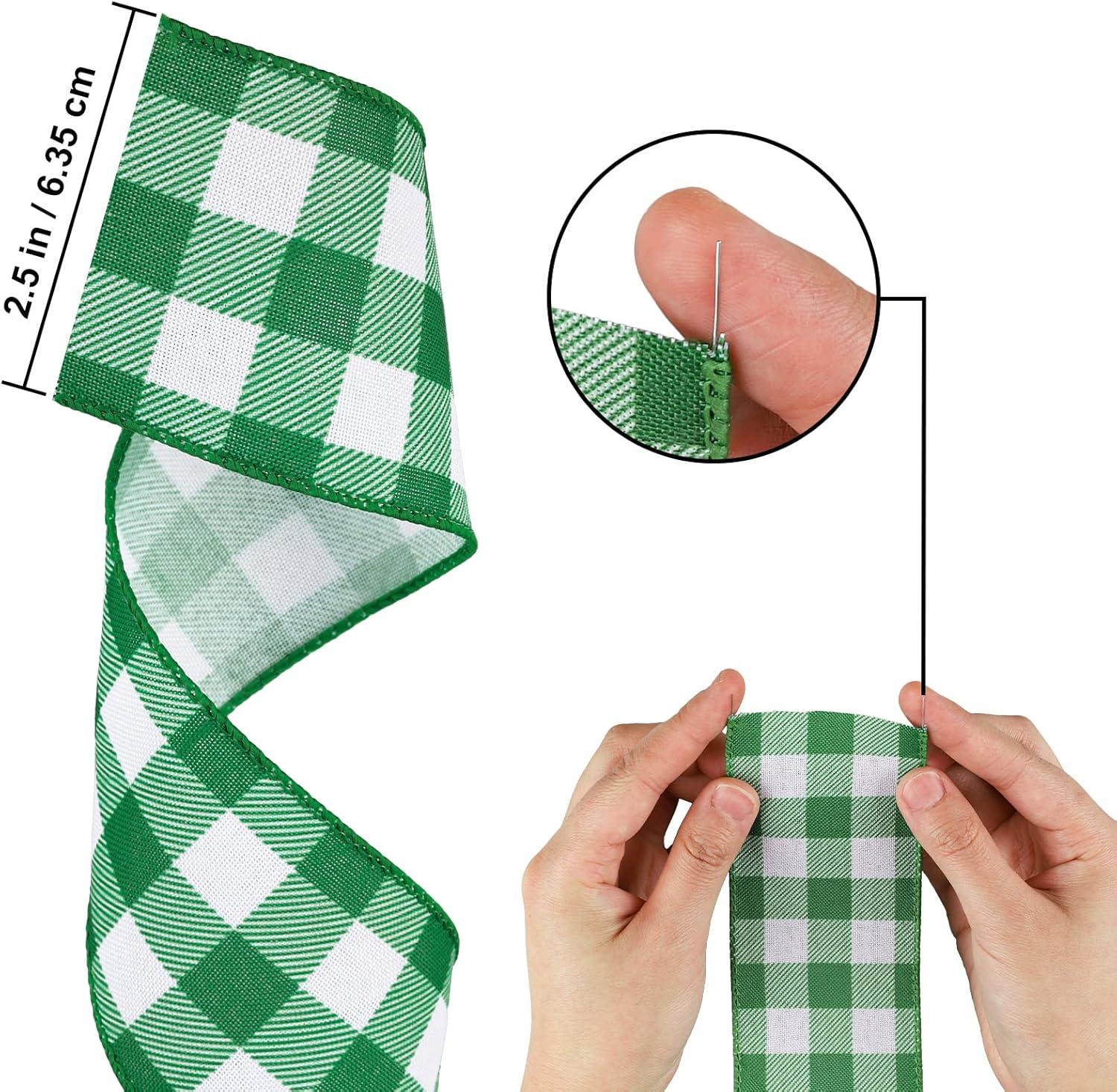 imageWhaline 2 Rolls Wired Edge Plaid Ribbon Christmas Buffalo Check Ribbon White Black Plaid Ribbon 25quot Wide Farmhouse Craft Ribbon for DIY Gift Wrapping Wreath Xmas Tree Bow Decoration 10 YardGreen and White