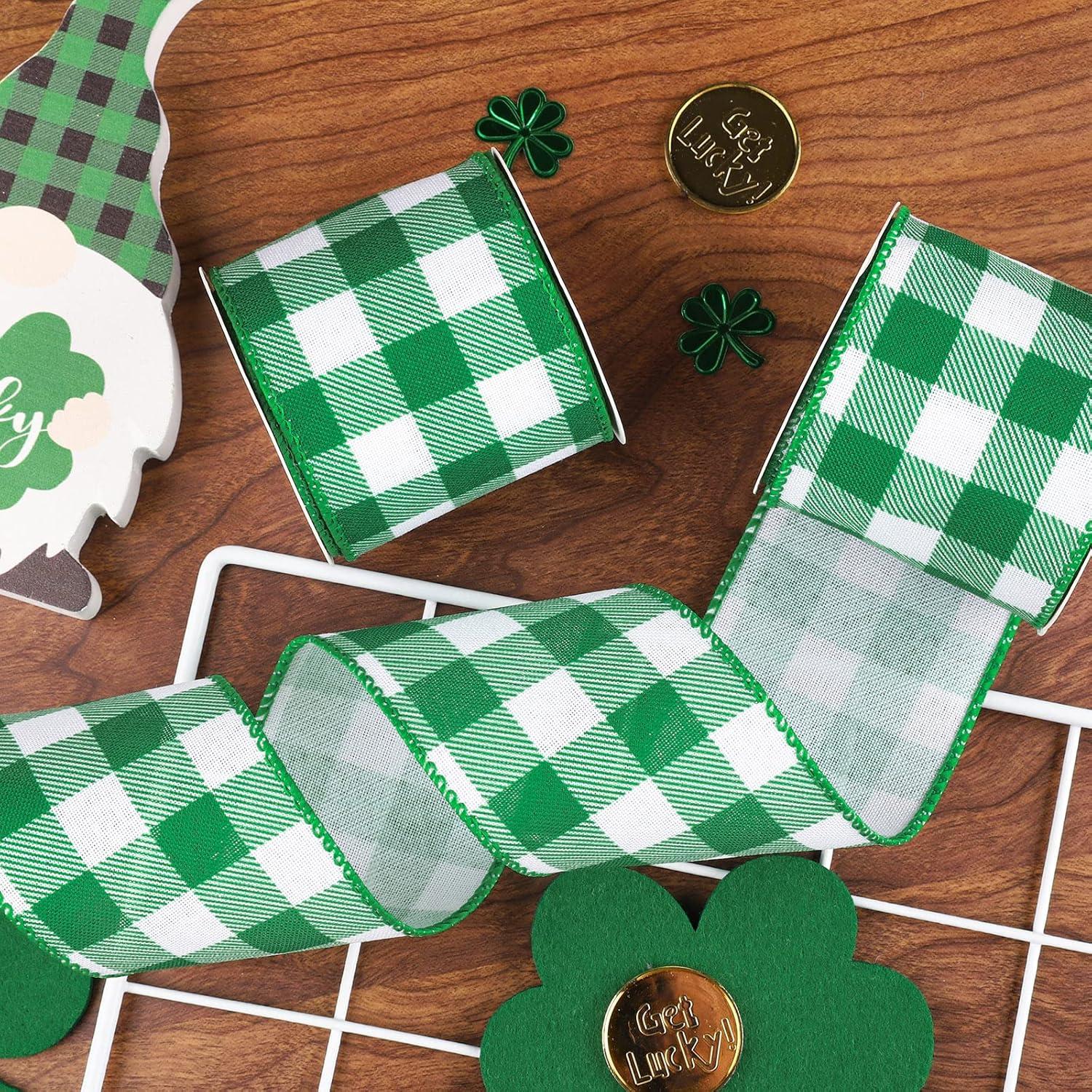 imageWhaline 2 Rolls Wired Edge Plaid Ribbon Christmas Buffalo Check Ribbon White Black Plaid Ribbon 25quot Wide Farmhouse Craft Ribbon for DIY Gift Wrapping Wreath Xmas Tree Bow Decoration 10 YardGreen and White