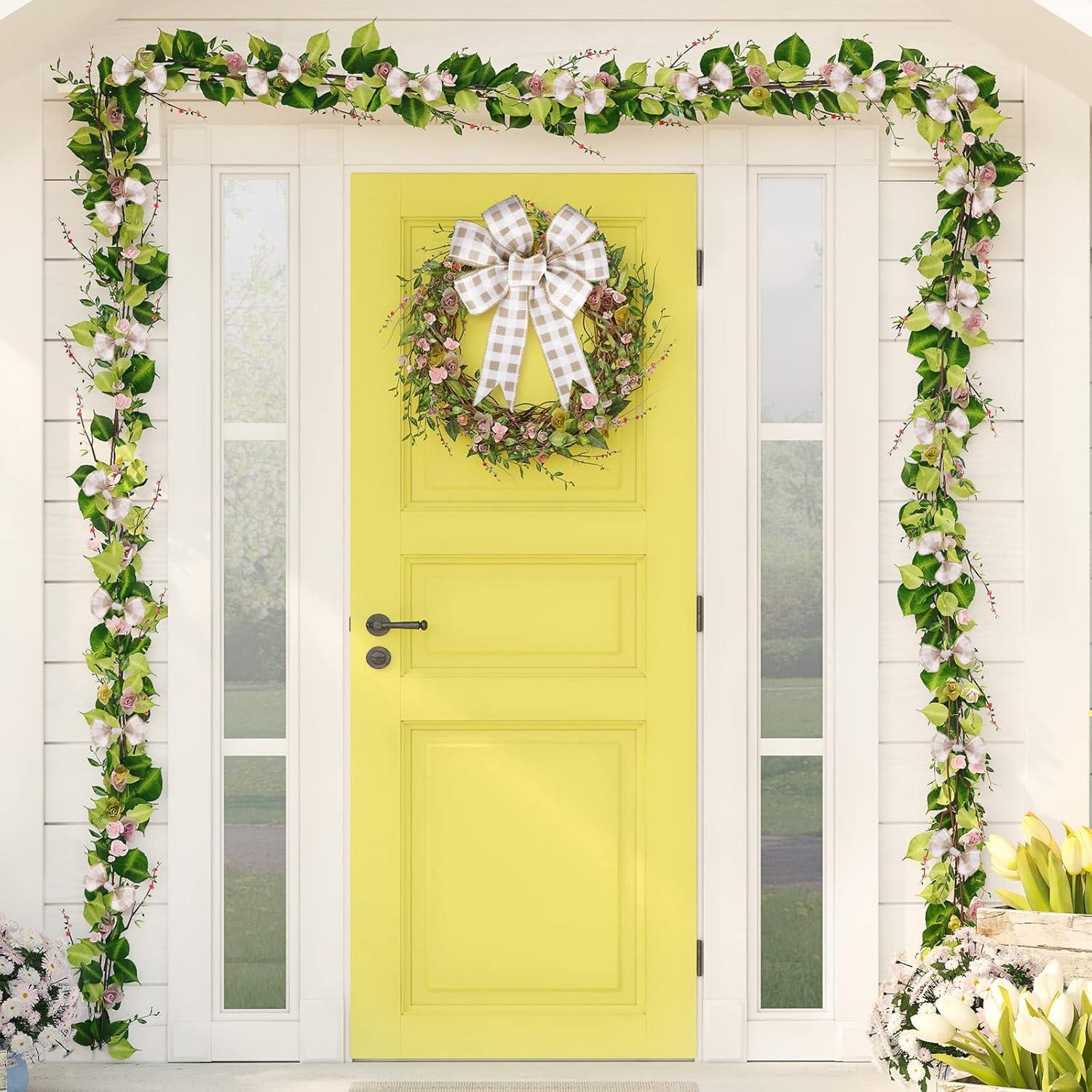 imageWhaline 2 Rolls Wired Edge Plaid Ribbon Christmas Buffalo Check Ribbon White Black Plaid Ribbon 25quot Wide Farmhouse Craft Ribbon for DIY Gift Wrapping Wreath Xmas Tree Bow Decoration 10 YardLight Brown and White