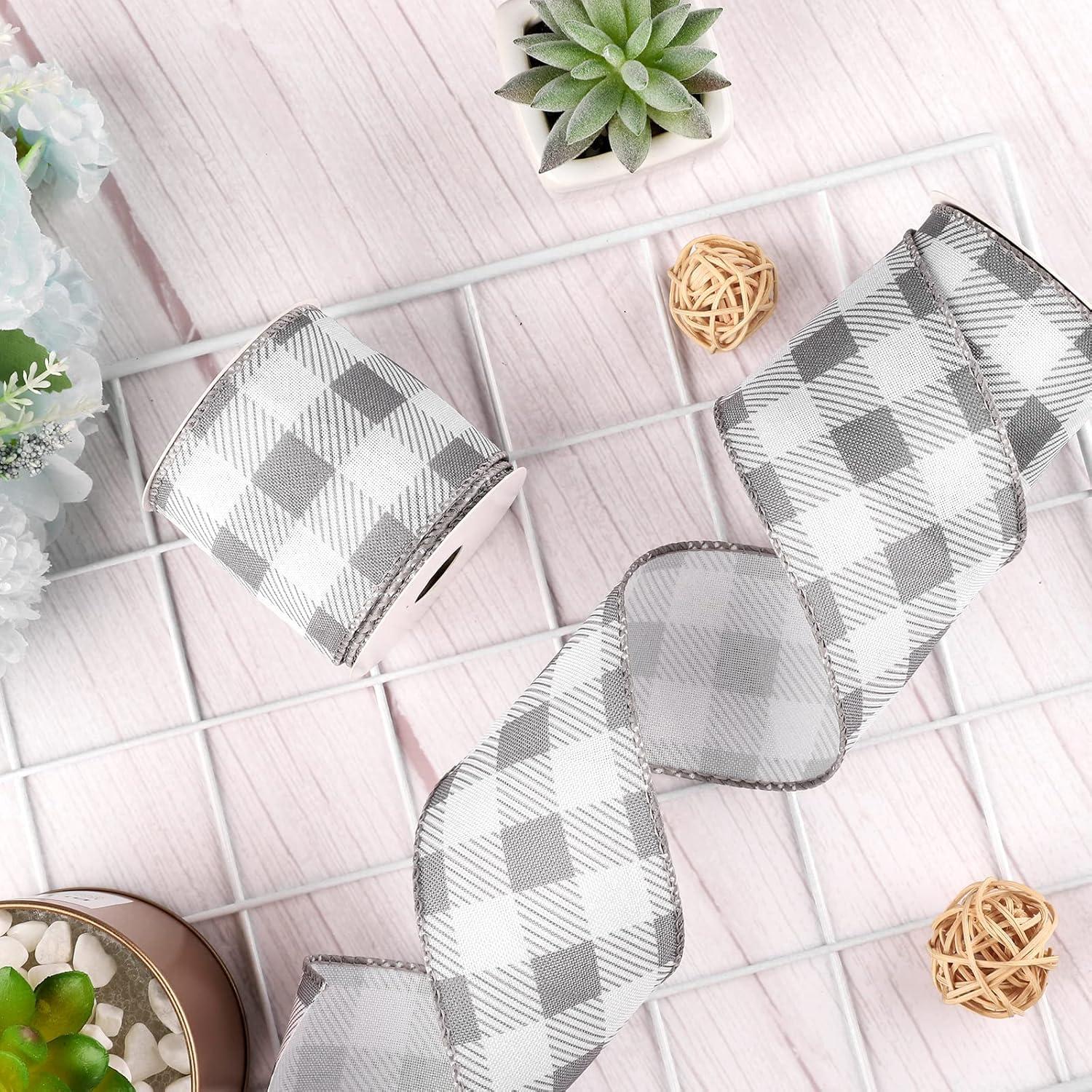 imageWhaline 2 Rolls Wired Edge Plaid Ribbon Christmas Buffalo Check Ribbon White Black Plaid Ribbon 25quot Wide Farmhouse Craft Ribbon for DIY Gift Wrapping Wreath Xmas Tree Bow Decoration 10 YardGray and White