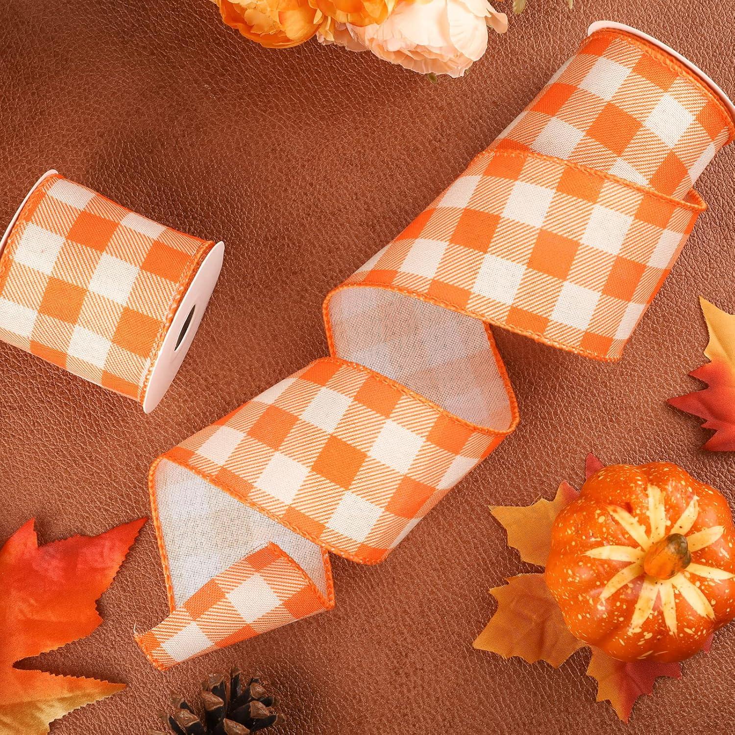 imageWhaline 2 Rolls Wired Edge Plaid Ribbon Christmas Buffalo Check Ribbon White Black Plaid Ribbon 25quot Wide Farmhouse Craft Ribbon for DIY Gift Wrapping Wreath Xmas Tree Bow Decoration 10 YardOrange and White