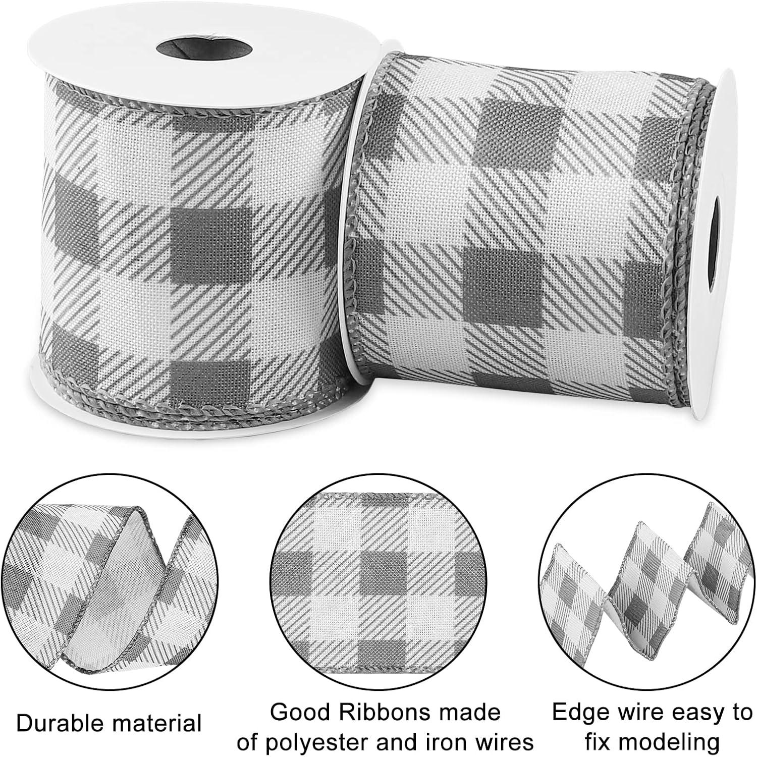imageWhaline 2 Rolls Wired Edge Plaid Ribbon Christmas Buffalo Check Ribbon White Black Plaid Ribbon 25quot Wide Farmhouse Craft Ribbon for DIY Gift Wrapping Wreath Xmas Tree Bow Decoration 10 YardGray and White