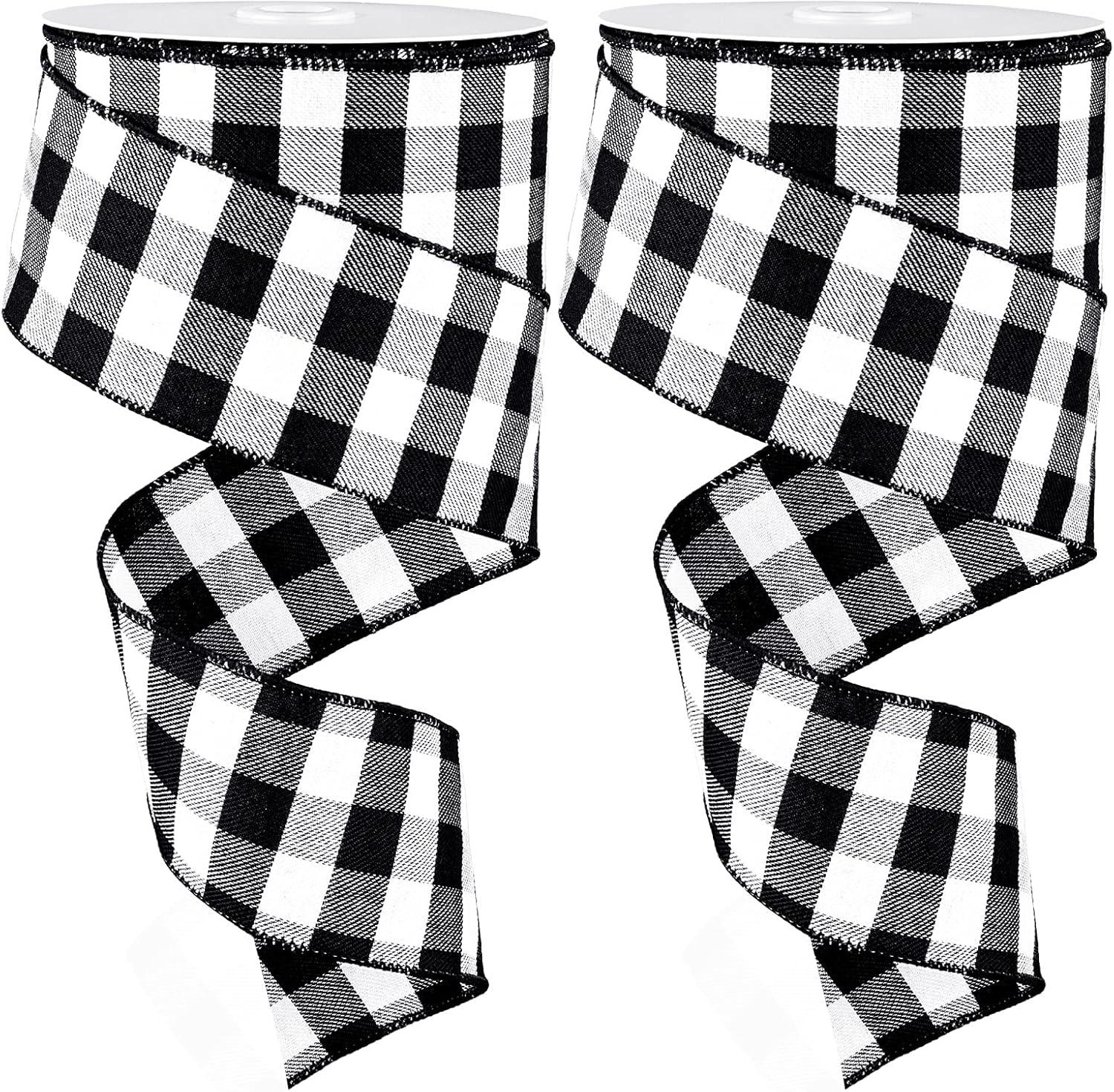 imageWhaline 2 Rolls Wired Edge Plaid Ribbon Christmas Buffalo Check Ribbon White Black Plaid Ribbon 25quot Wide Farmhouse Craft Ribbon for DIY Gift Wrapping Wreath Xmas Tree Bow Decoration 10 YardBlack and White