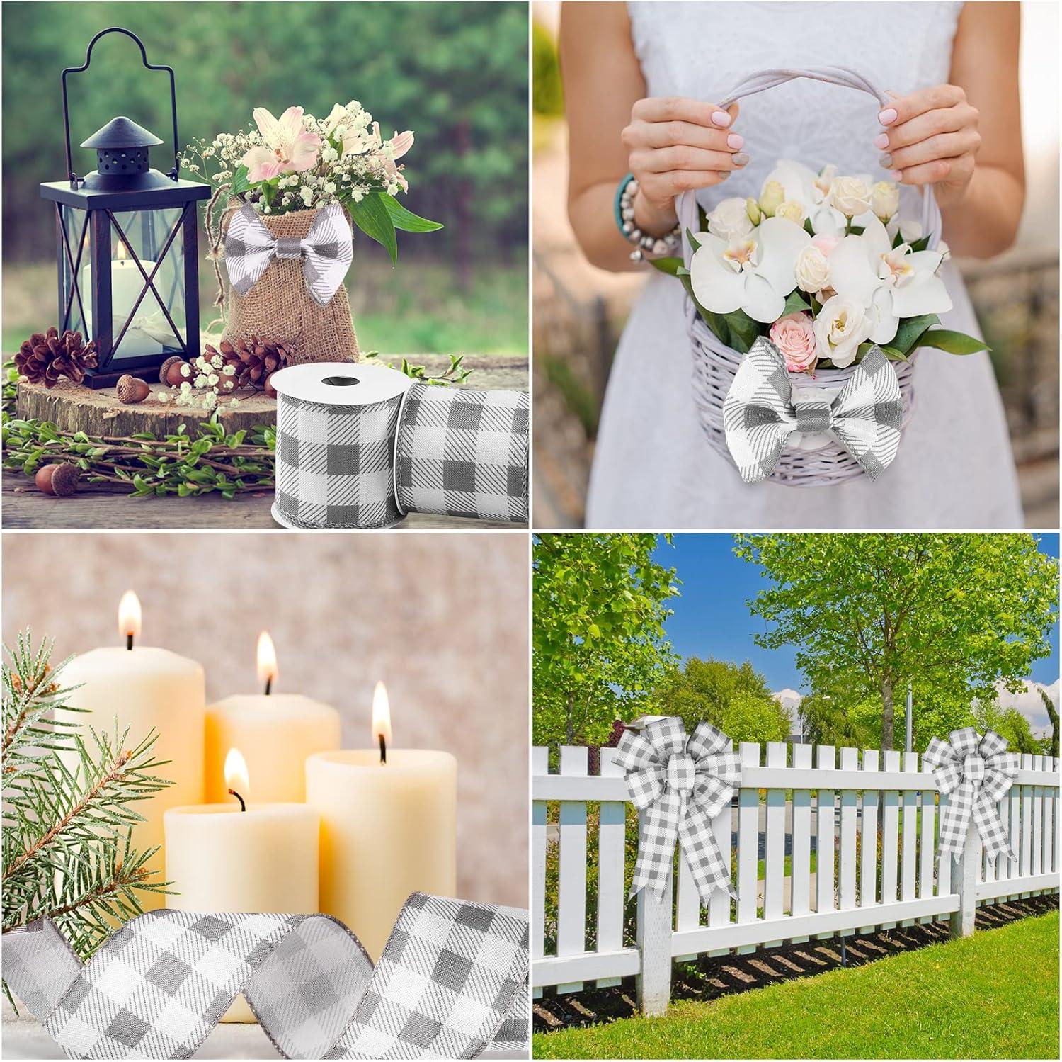 imageWhaline 2 Rolls Wired Edge Plaid Ribbon Christmas Buffalo Check Ribbon White Black Plaid Ribbon 25quot Wide Farmhouse Craft Ribbon for DIY Gift Wrapping Wreath Xmas Tree Bow Decoration 10 YardGray and White