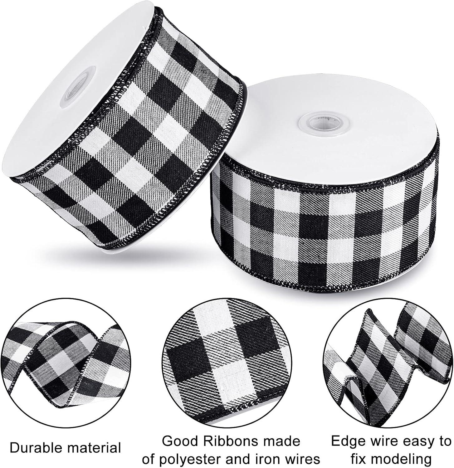 imageWhaline 2 Rolls Wired Edge Plaid Ribbon Christmas Buffalo Check Ribbon White Black Plaid Ribbon 25quot Wide Farmhouse Craft Ribbon for DIY Gift Wrapping Wreath Xmas Tree Bow Decoration 10 YardBlack and White