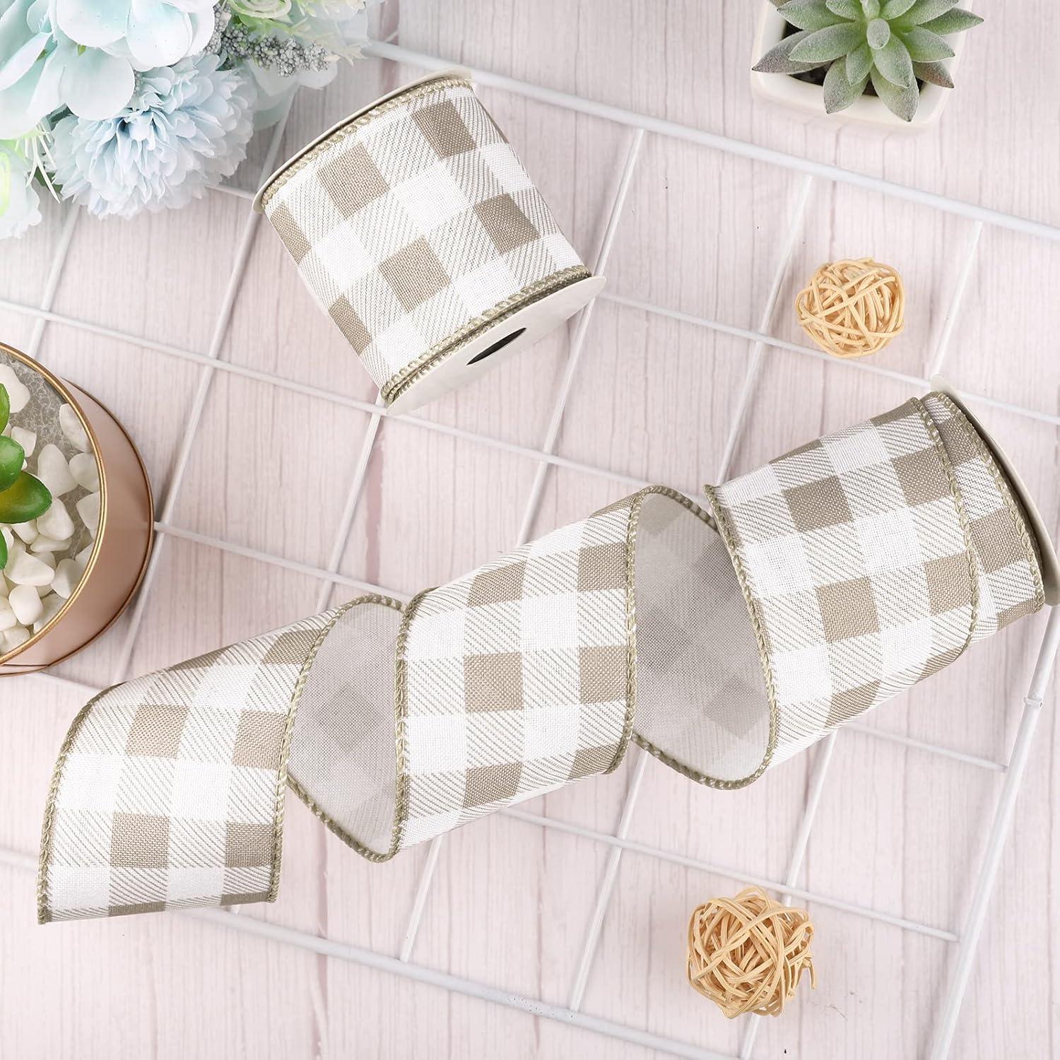 imageWhaline 2 Rolls Wired Edge Plaid Ribbon Christmas Buffalo Check Ribbon White Black Plaid Ribbon 25quot Wide Farmhouse Craft Ribbon for DIY Gift Wrapping Wreath Xmas Tree Bow Decoration 10 YardLight Brown and White