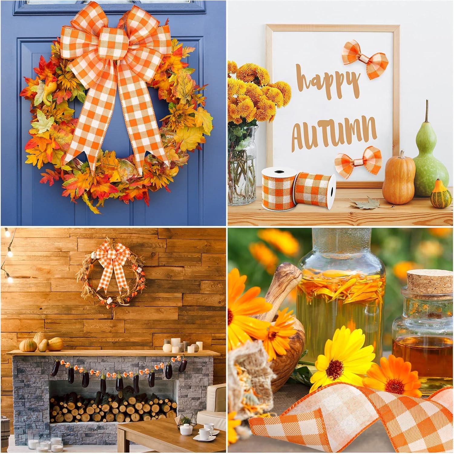 imageWhaline 2 Rolls Wired Edge Plaid Ribbon Christmas Buffalo Check Ribbon White Black Plaid Ribbon 25quot Wide Farmhouse Craft Ribbon for DIY Gift Wrapping Wreath Xmas Tree Bow Decoration 10 YardOrange and White