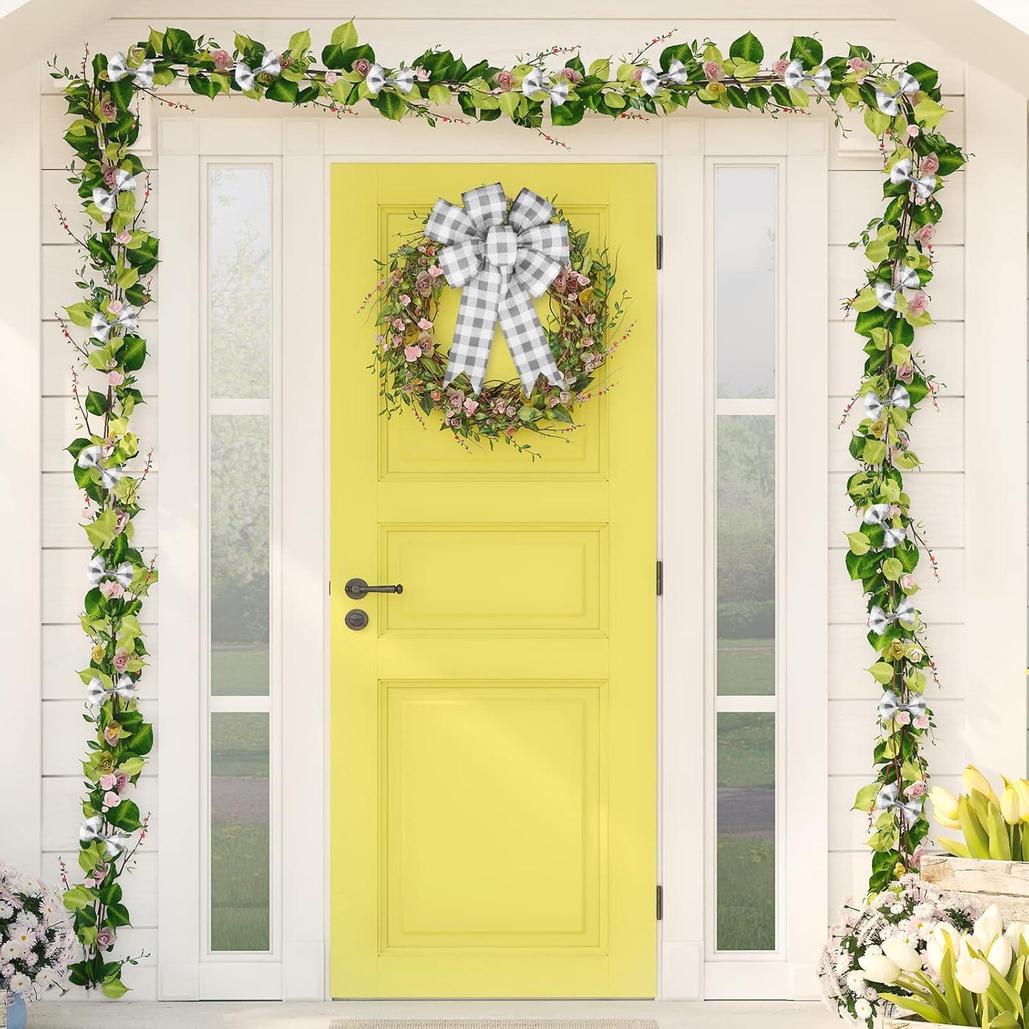 imageWhaline 2 Rolls Wired Edge Plaid Ribbon Christmas Buffalo Check Ribbon White Black Plaid Ribbon 25quot Wide Farmhouse Craft Ribbon for DIY Gift Wrapping Wreath Xmas Tree Bow Decoration 10 YardGray and White