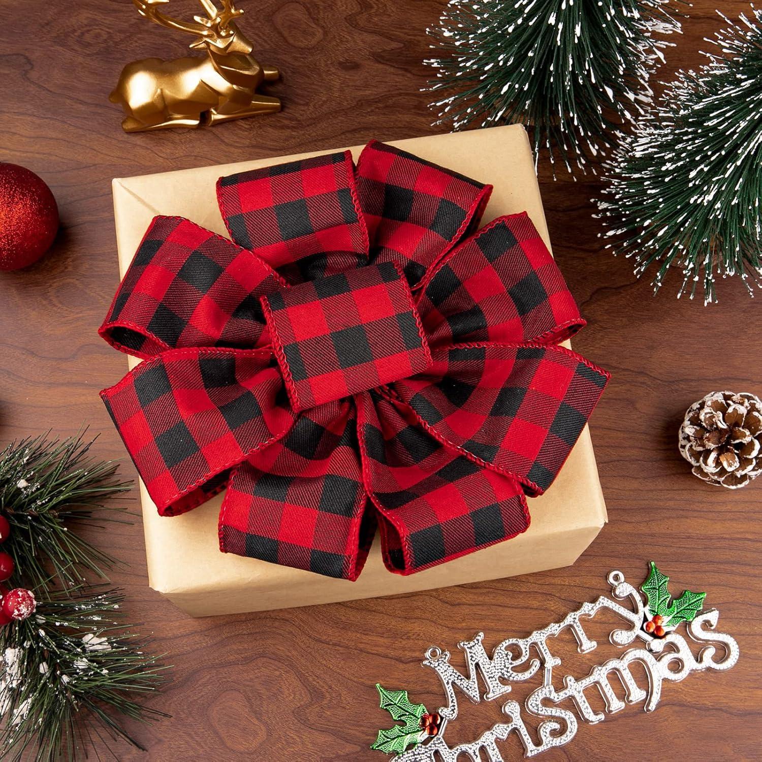 imageWhaline 2 Rolls Wired Edge Plaid Ribbon Christmas Buffalo Check Ribbon White Black Plaid Ribbon 25quot Wide Farmhouse Craft Ribbon for DIY Gift Wrapping Wreath Xmas Tree Bow Decoration 10 YardRed and Black