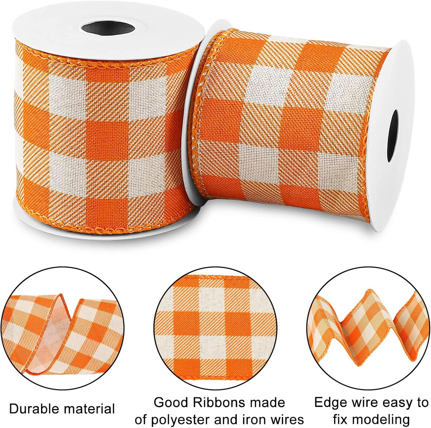 imageWhaline 2 Rolls Wired Edge Plaid Ribbon Christmas Buffalo Check Ribbon White Black Plaid Ribbon 25quot Wide Farmhouse Craft Ribbon for DIY Gift Wrapping Wreath Xmas Tree Bow Decoration 10 YardOrange and White