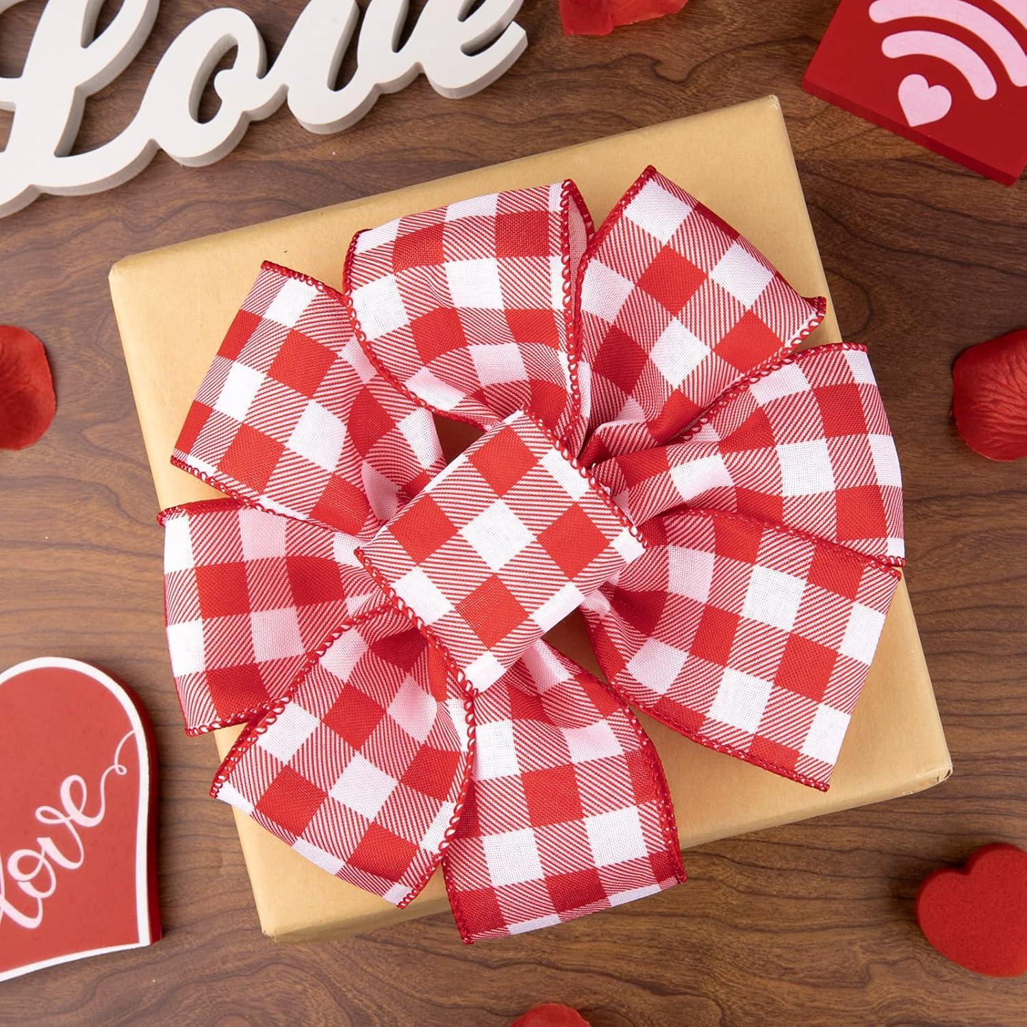 imageWhaline 2 Rolls Wired Edge Plaid Ribbon Christmas Buffalo Check Ribbon White Black Plaid Ribbon 25quot Wide Farmhouse Craft Ribbon for DIY Gift Wrapping Wreath Xmas Tree Bow Decoration 10 YardRed and White