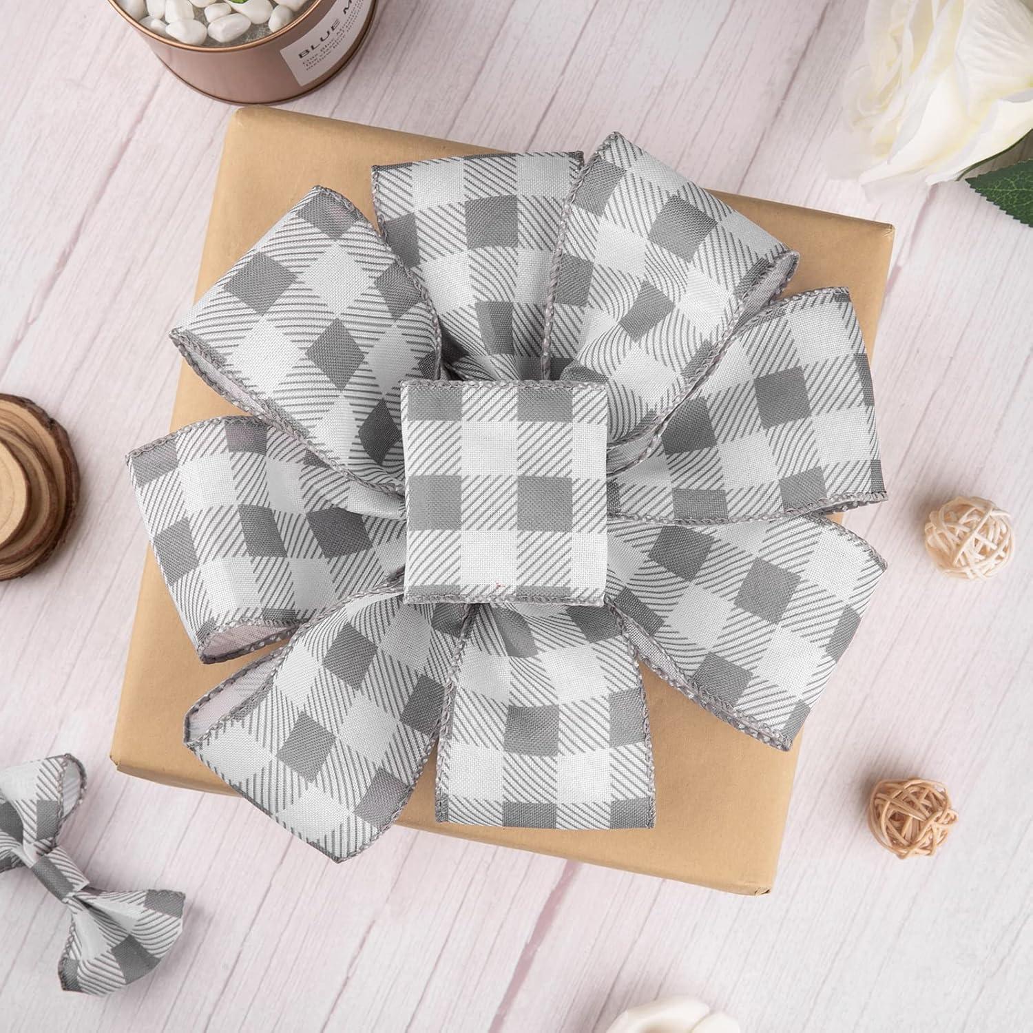 imageWhaline 2 Rolls Wired Edge Plaid Ribbon Christmas Buffalo Check Ribbon White Black Plaid Ribbon 25quot Wide Farmhouse Craft Ribbon for DIY Gift Wrapping Wreath Xmas Tree Bow Decoration 10 YardGray and White