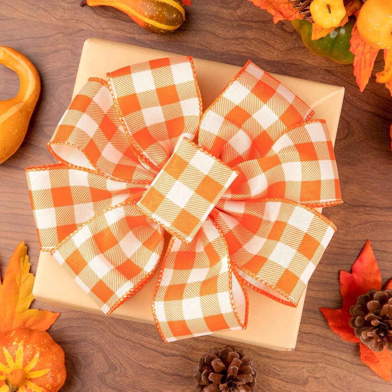 imageWhaline 2 Rolls Wired Edge Plaid Ribbon Christmas Buffalo Check Ribbon White Black Plaid Ribbon 25quot Wide Farmhouse Craft Ribbon for DIY Gift Wrapping Wreath Xmas Tree Bow Decoration 10 YardOrange and White