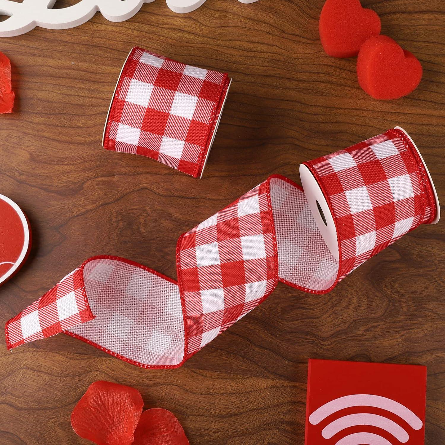 imageWhaline 2 Rolls Wired Edge Plaid Ribbon Christmas Buffalo Check Ribbon White Black Plaid Ribbon 25quot Wide Farmhouse Craft Ribbon for DIY Gift Wrapping Wreath Xmas Tree Bow Decoration 10 YardRed and White