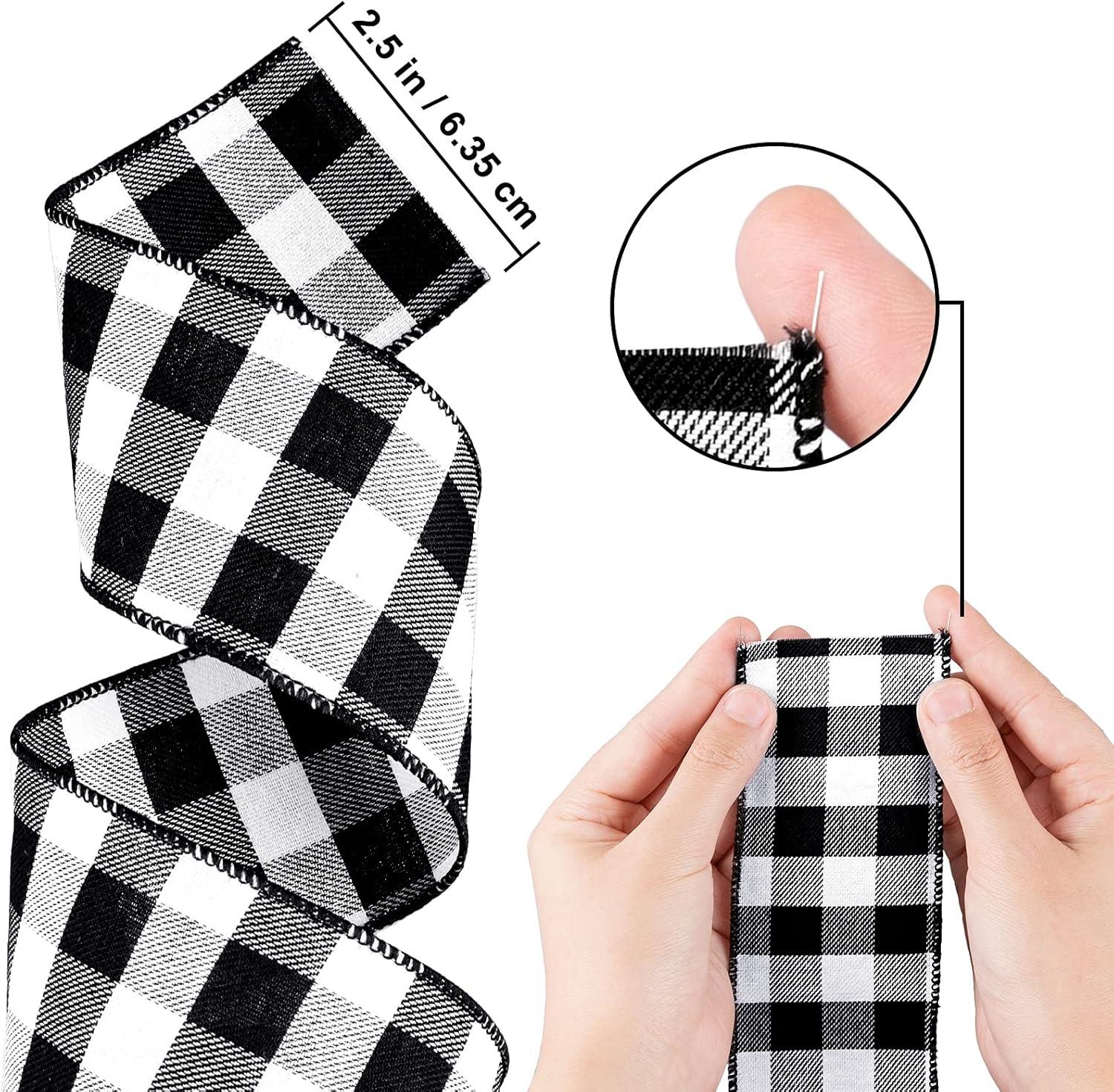 imageWhaline 2 Rolls Wired Edge Plaid Ribbon Christmas Buffalo Check Ribbon White Black Plaid Ribbon 25quot Wide Farmhouse Craft Ribbon for DIY Gift Wrapping Wreath Xmas Tree Bow Decoration 10 YardBlack and White