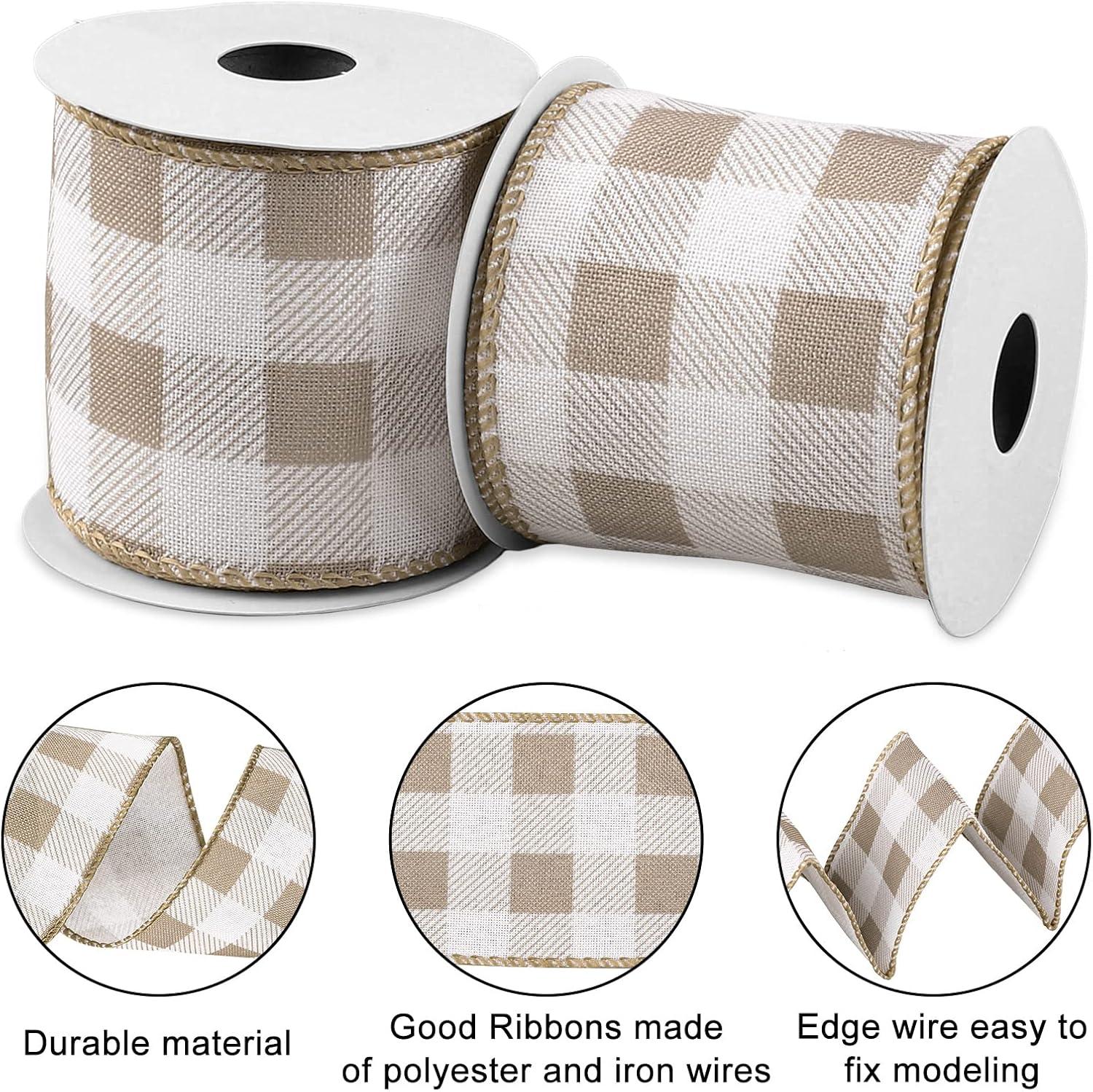 imageWhaline 2 Rolls Wired Edge Plaid Ribbon Christmas Buffalo Check Ribbon White Black Plaid Ribbon 25quot Wide Farmhouse Craft Ribbon for DIY Gift Wrapping Wreath Xmas Tree Bow Decoration 10 YardLight Brown and White