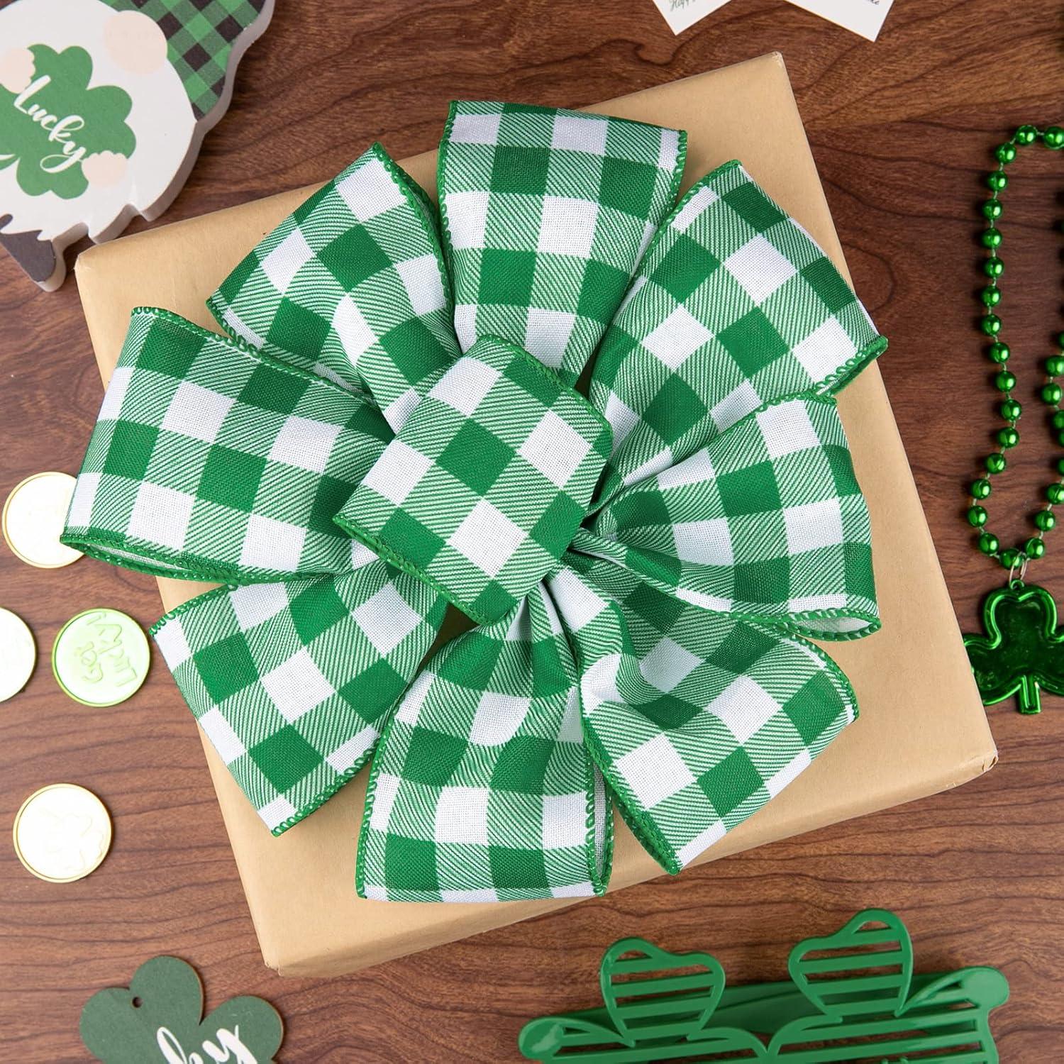 imageWhaline 2 Rolls Wired Edge Plaid Ribbon Christmas Buffalo Check Ribbon White Black Plaid Ribbon 25quot Wide Farmhouse Craft Ribbon for DIY Gift Wrapping Wreath Xmas Tree Bow Decoration 10 YardGreen and White