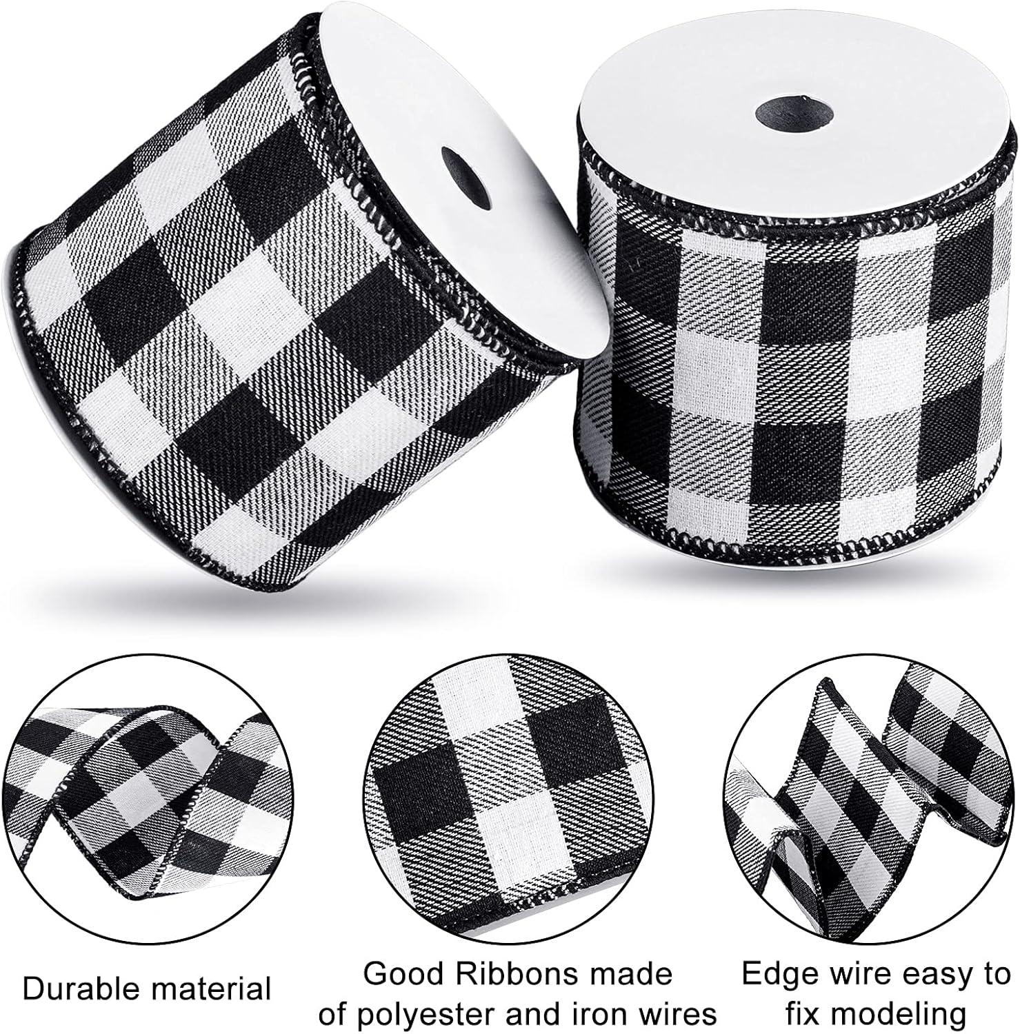 imageWhaline 2 Rolls Wired Edge Plaid Ribbon Christmas Buffalo Check Ribbon White Black Plaid Ribbon 25quot Wide Farmhouse Craft Ribbon for DIY Gift Wrapping Wreath Xmas Tree Bow Decoration 10 YardBlack and White