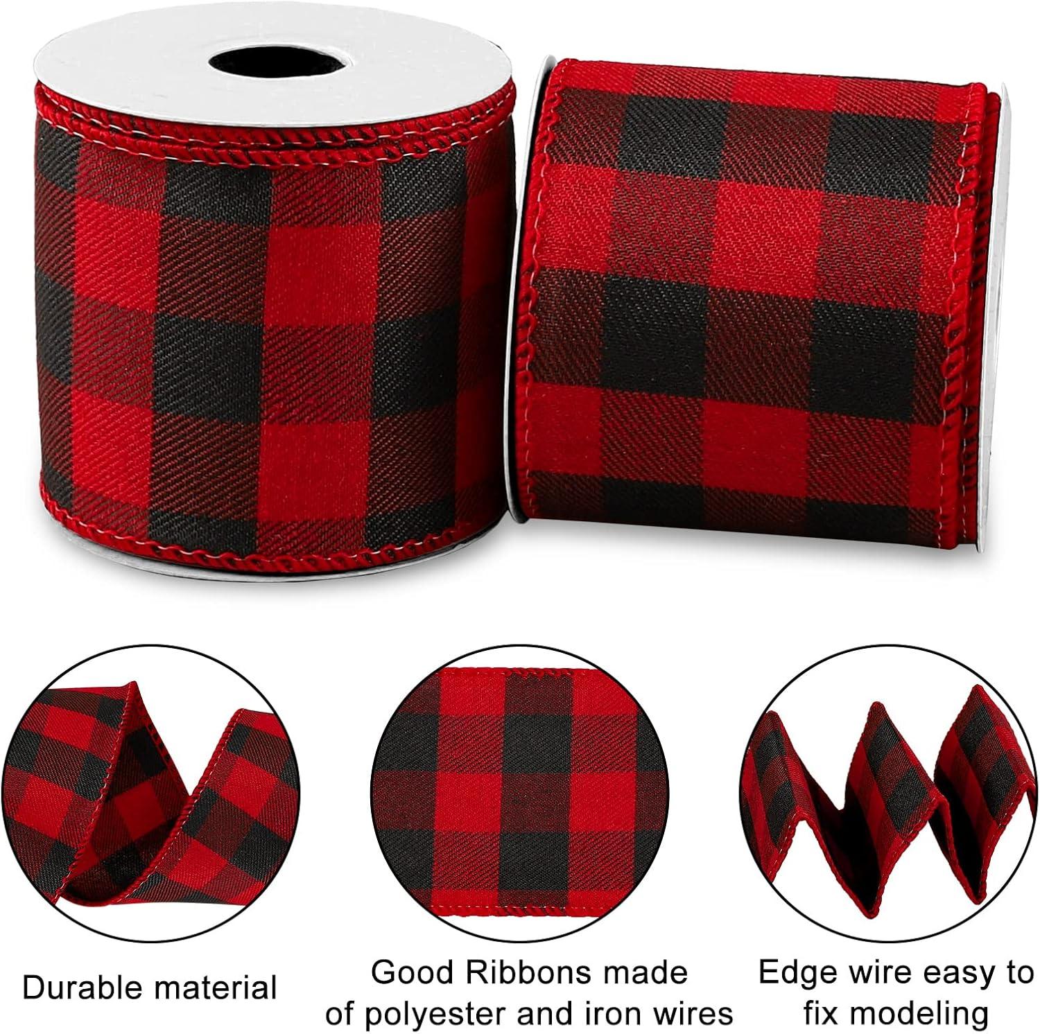 imageWhaline 2 Rolls Wired Edge Plaid Ribbon Christmas Buffalo Check Ribbon White Black Plaid Ribbon 25quot Wide Farmhouse Craft Ribbon for DIY Gift Wrapping Wreath Xmas Tree Bow Decoration 10 YardRed and Black