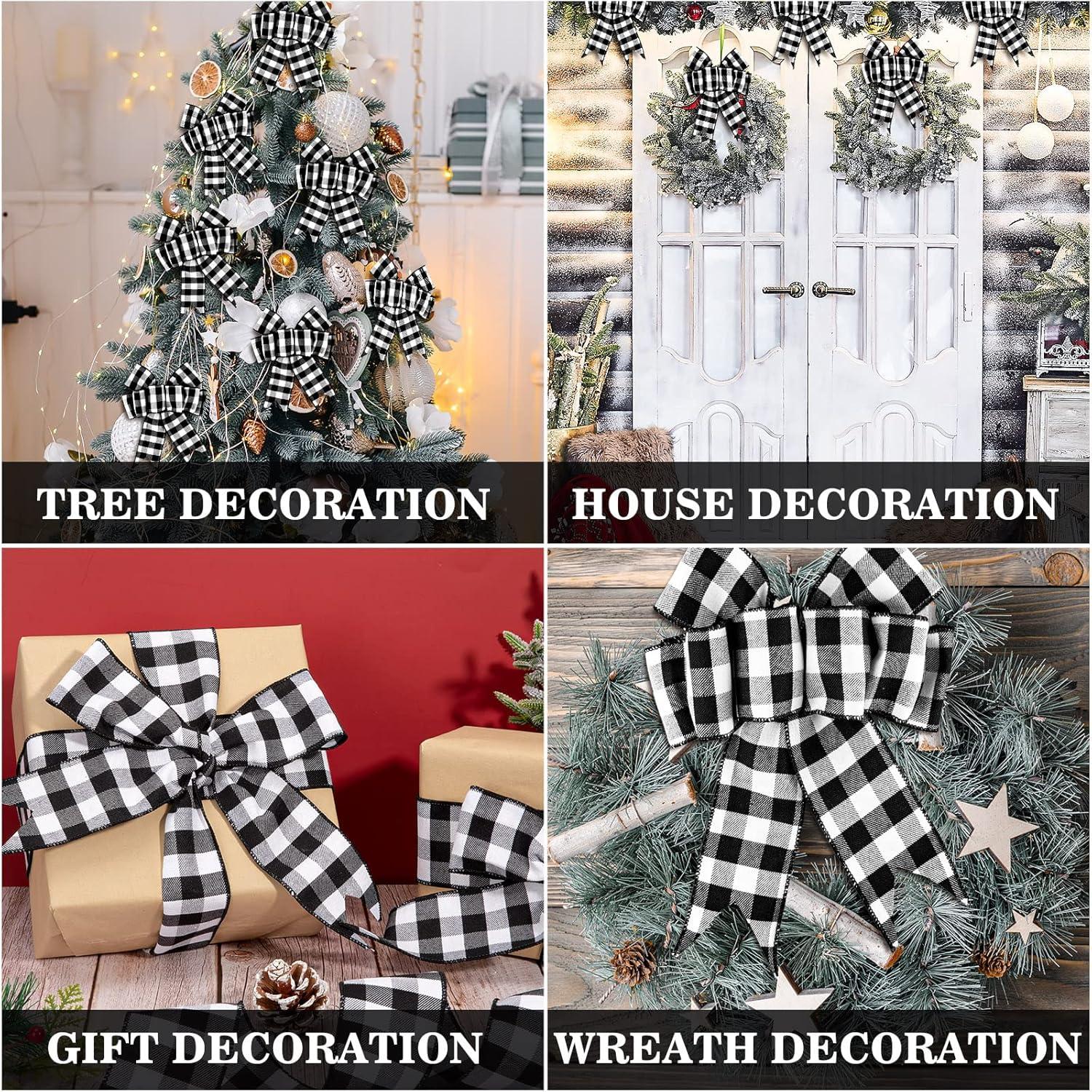 imageWhaline 2 Rolls Wired Edge Plaid Ribbon Christmas Buffalo Check Ribbon White Black Plaid Ribbon 25quot Wide Farmhouse Craft Ribbon for DIY Gift Wrapping Wreath Xmas Tree Bow Decoration 10 YardBlack and White