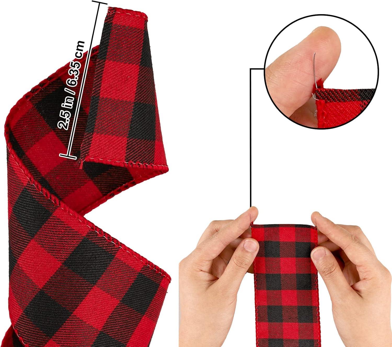 imageWhaline 2 Rolls Wired Edge Plaid Ribbon Christmas Buffalo Check Ribbon White Black Plaid Ribbon 25quot Wide Farmhouse Craft Ribbon for DIY Gift Wrapping Wreath Xmas Tree Bow Decoration 10 YardRed and Black