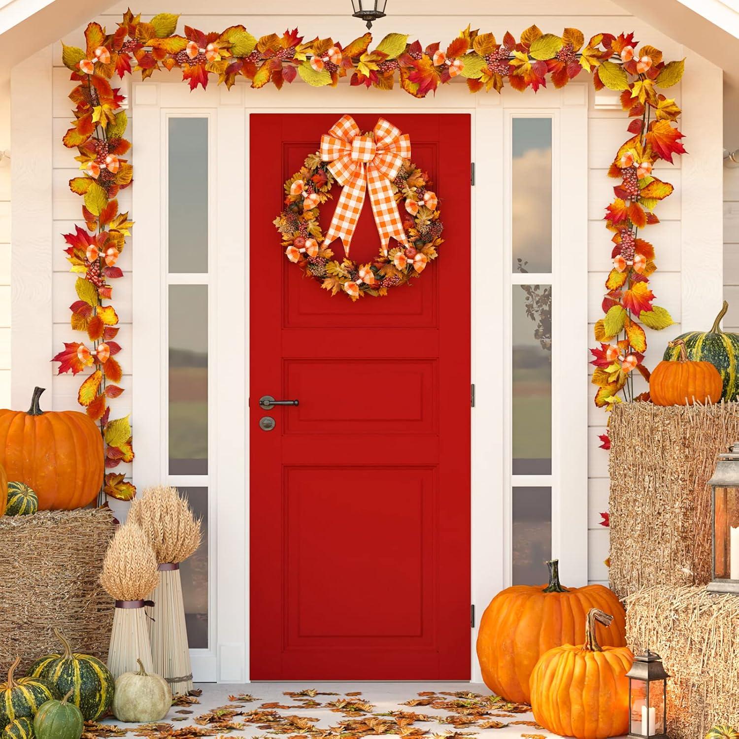 imageWhaline 2 Rolls Wired Edge Plaid Ribbon Christmas Buffalo Check Ribbon White Black Plaid Ribbon 25quot Wide Farmhouse Craft Ribbon for DIY Gift Wrapping Wreath Xmas Tree Bow Decoration 10 YardOrange and White