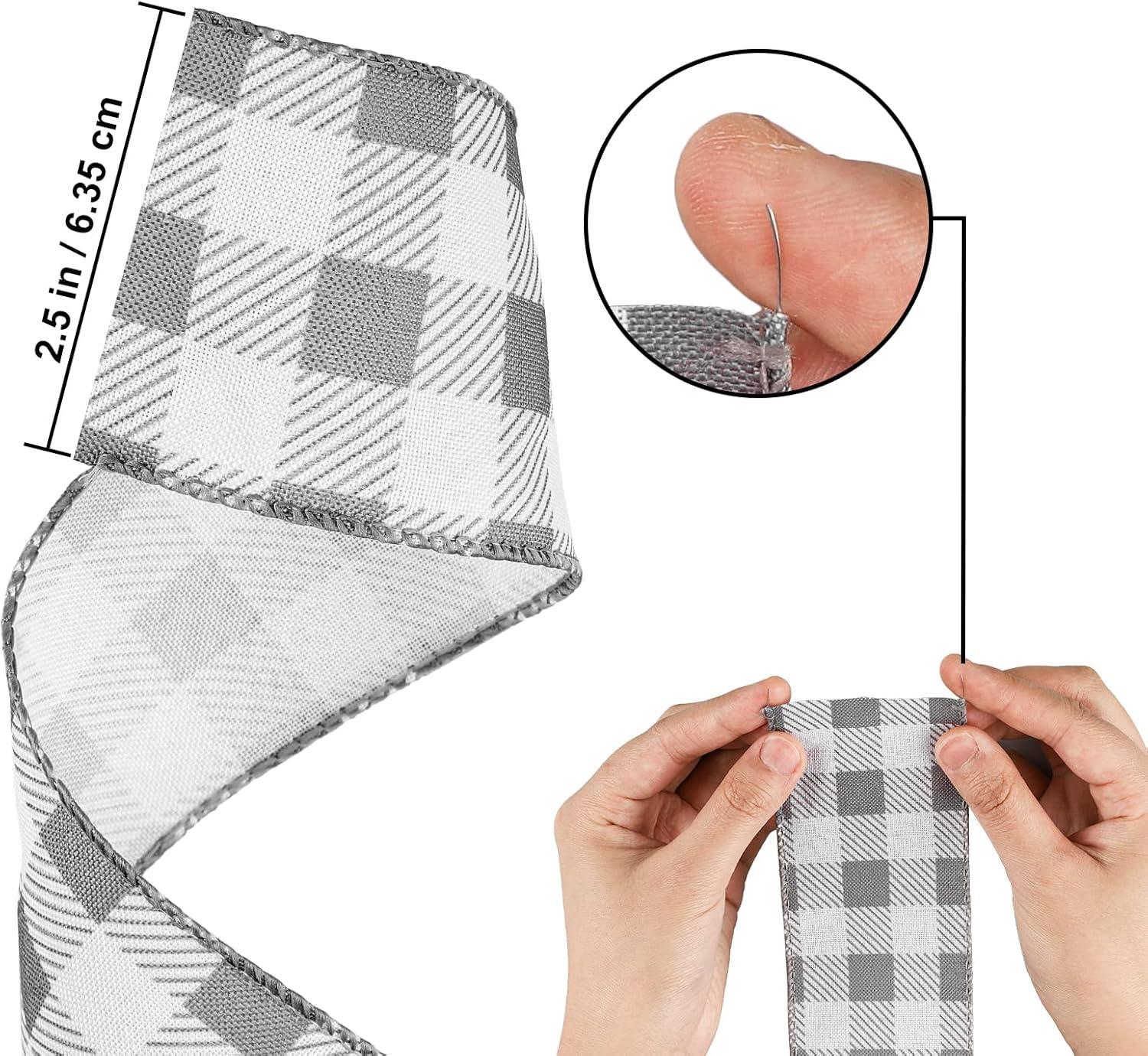 imageWhaline 2 Rolls Wired Edge Plaid Ribbon Christmas Buffalo Check Ribbon White Black Plaid Ribbon 25quot Wide Farmhouse Craft Ribbon for DIY Gift Wrapping Wreath Xmas Tree Bow Decoration 10 YardGray and White