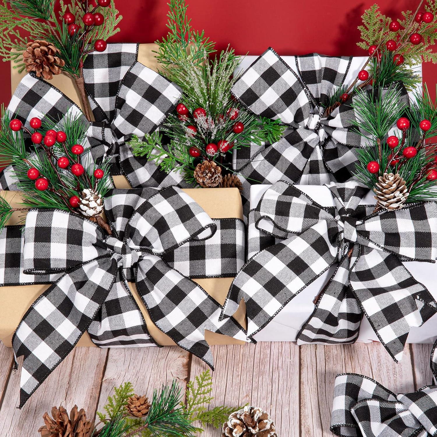 imageWhaline 2 Rolls Wired Edge Plaid Ribbon Christmas Buffalo Check Ribbon White Black Plaid Ribbon 25quot Wide Farmhouse Craft Ribbon for DIY Gift Wrapping Wreath Xmas Tree Bow Decoration 10 YardBlack and White