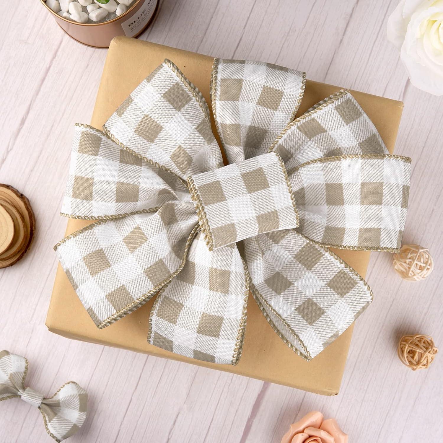 imageWhaline 2 Rolls Wired Edge Plaid Ribbon Christmas Buffalo Check Ribbon White Black Plaid Ribbon 25quot Wide Farmhouse Craft Ribbon for DIY Gift Wrapping Wreath Xmas Tree Bow Decoration 10 YardLight Brown and White