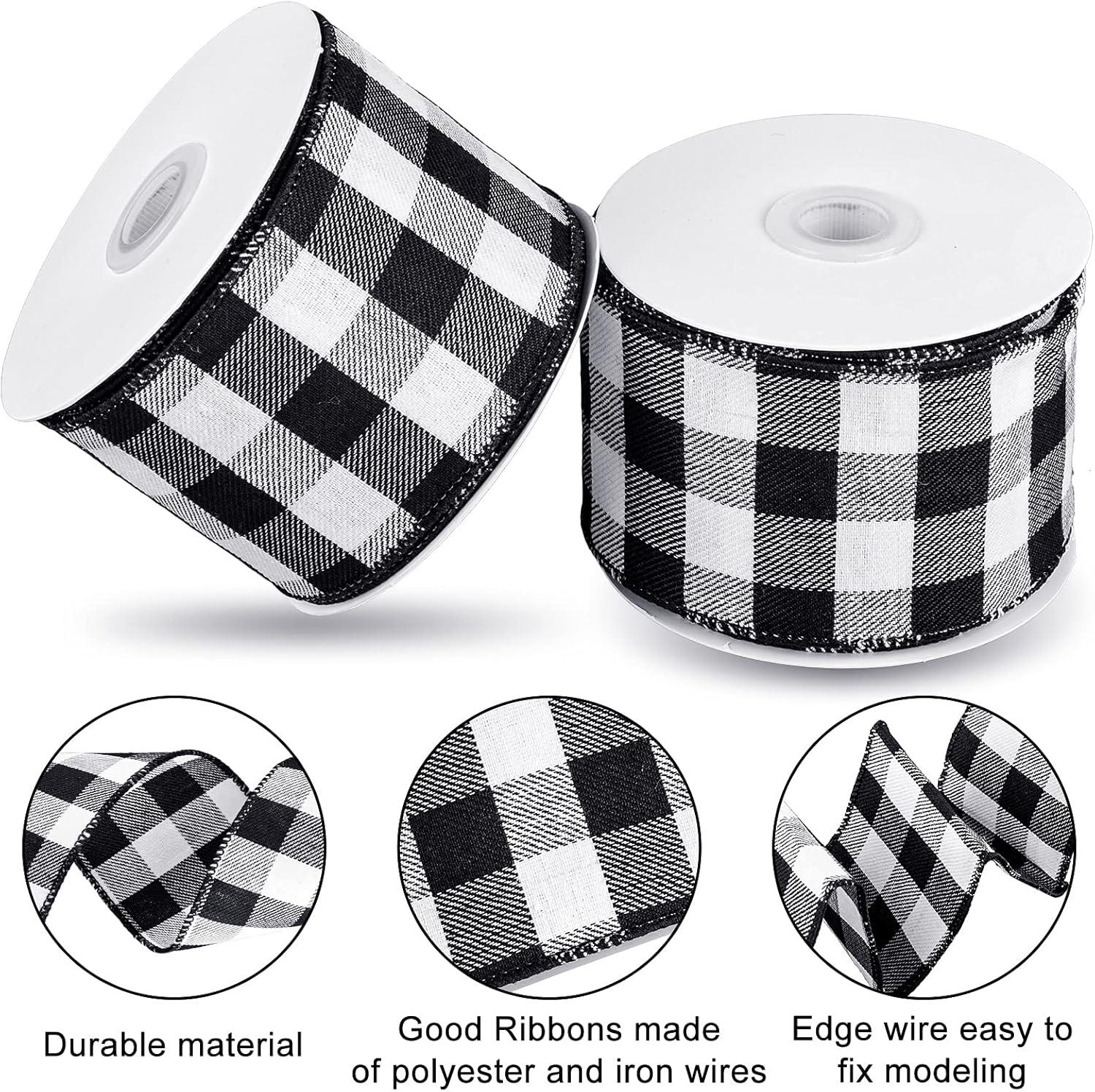 imageWhaline 2 Rolls Wired Edge Plaid Ribbon Christmas Buffalo Check Ribbon White Black Plaid Ribbon 25quot Wide Farmhouse Craft Ribbon for DIY Gift Wrapping Wreath Xmas Tree Bow Decoration 10 YardBlack and White