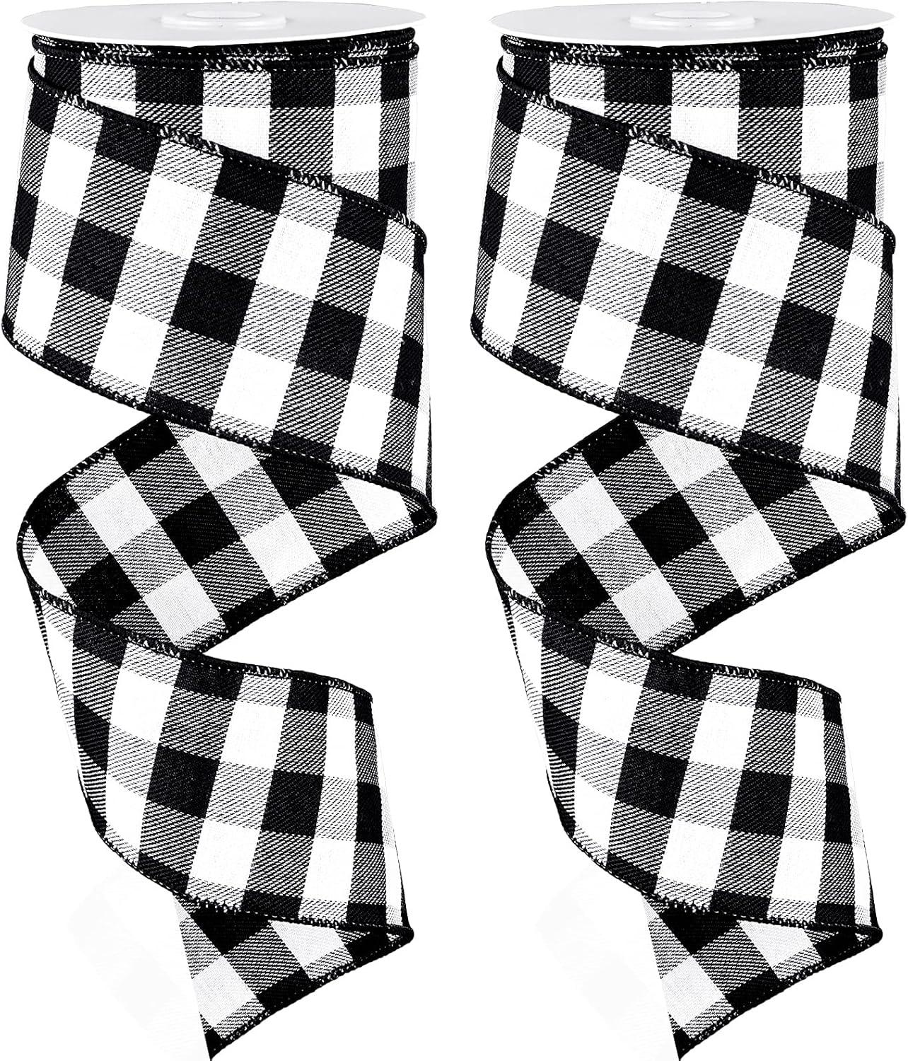 imageWhaline 2 Rolls Wired Edge Plaid Ribbon Christmas Buffalo Check Ribbon White Black Plaid Ribbon 25quot Wide Farmhouse Craft Ribbon for DIY Gift Wrapping Wreath Xmas Tree Bow Decoration 10 YardBlack and White