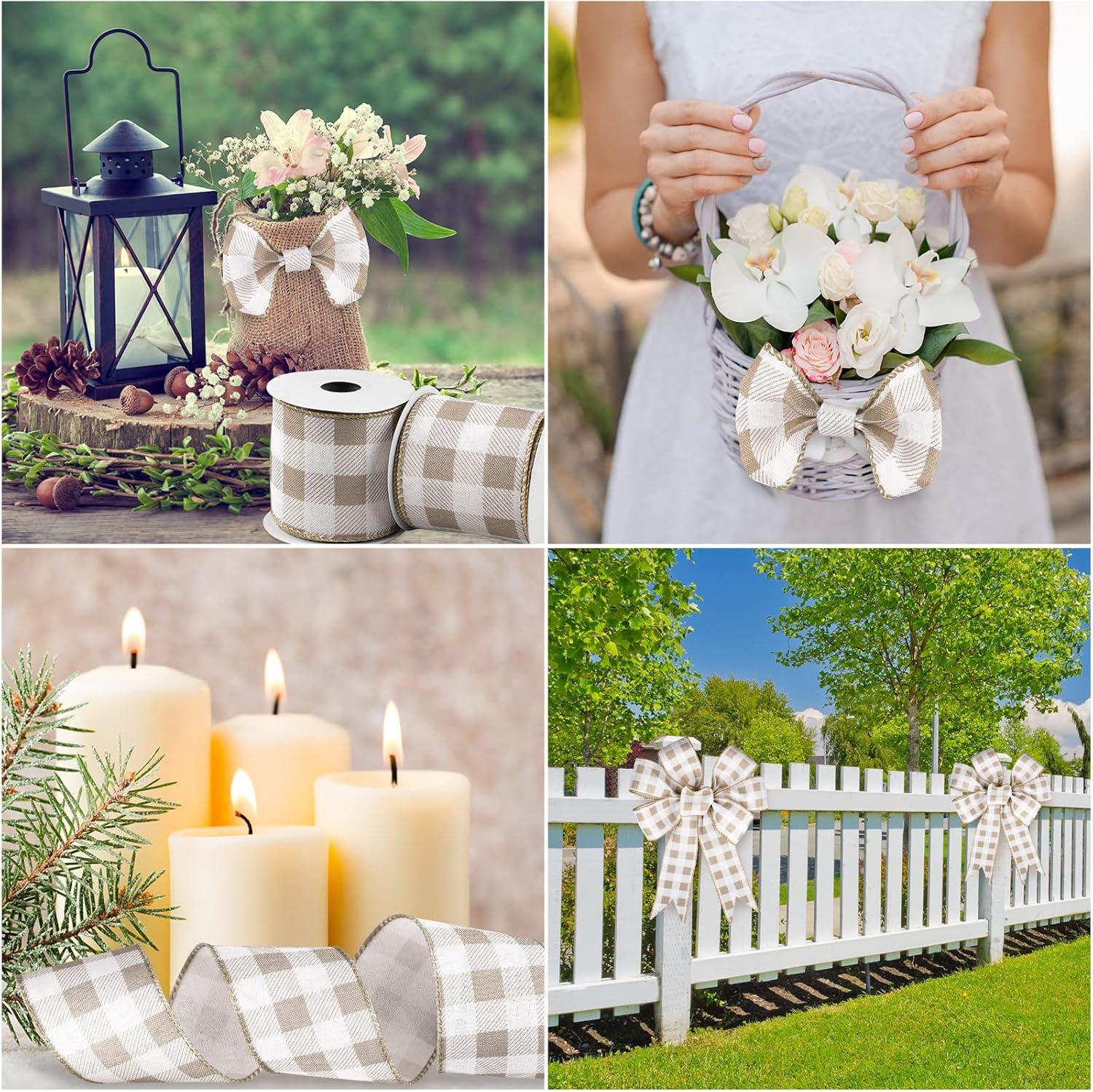 imageWhaline 2 Rolls Wired Edge Plaid Ribbon Christmas Buffalo Check Ribbon White Black Plaid Ribbon 25quot Wide Farmhouse Craft Ribbon for DIY Gift Wrapping Wreath Xmas Tree Bow Decoration 10 YardLight Brown and White