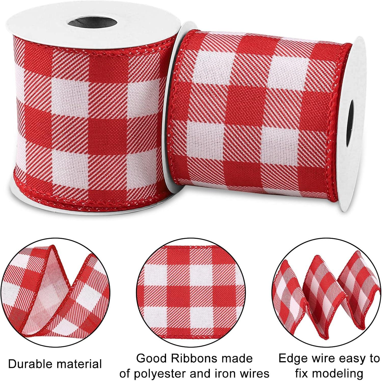 imageWhaline 2 Rolls Wired Edge Plaid Ribbon Christmas Buffalo Check Ribbon White Black Plaid Ribbon 25quot Wide Farmhouse Craft Ribbon for DIY Gift Wrapping Wreath Xmas Tree Bow Decoration 10 YardRed and White